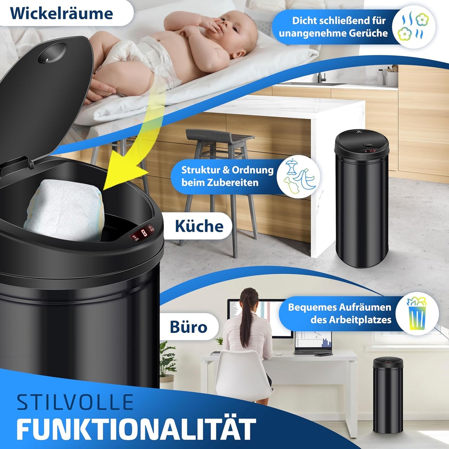 Sensor-Abfalleimer, 40 L, 40 Liter Schwarz