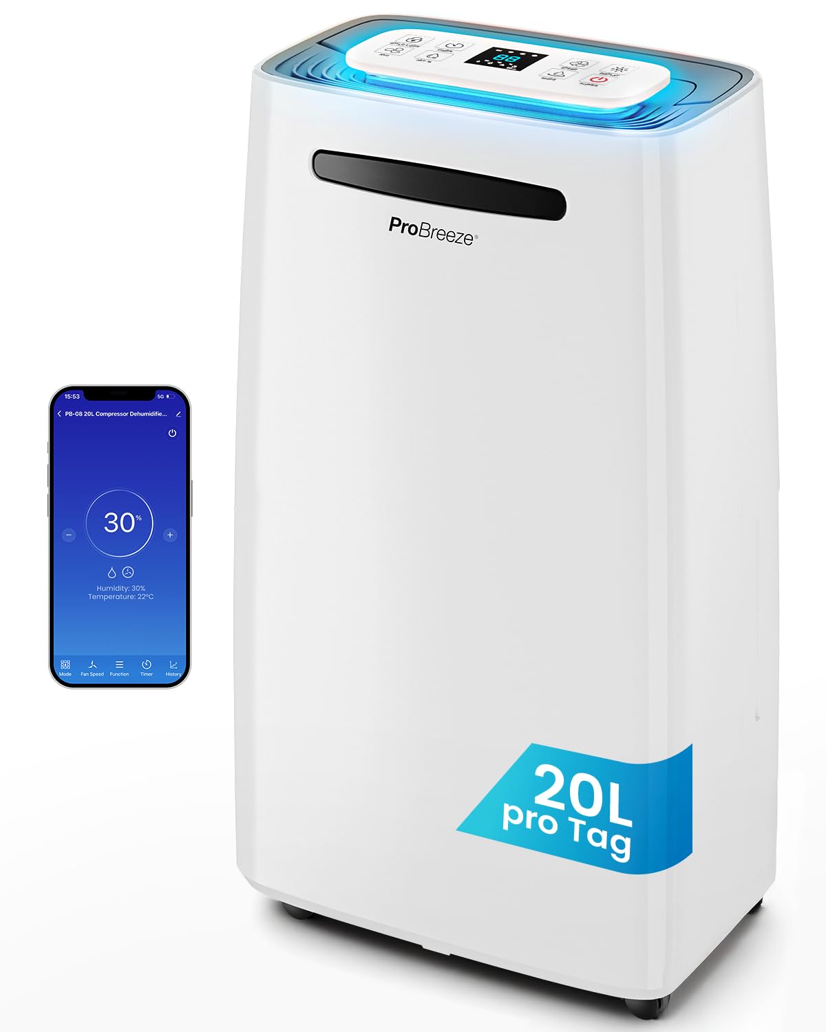 Smarter Luftentfeuchter mit Feuchtigkeitsanzeiger, 20L - 30 m² - Smart App