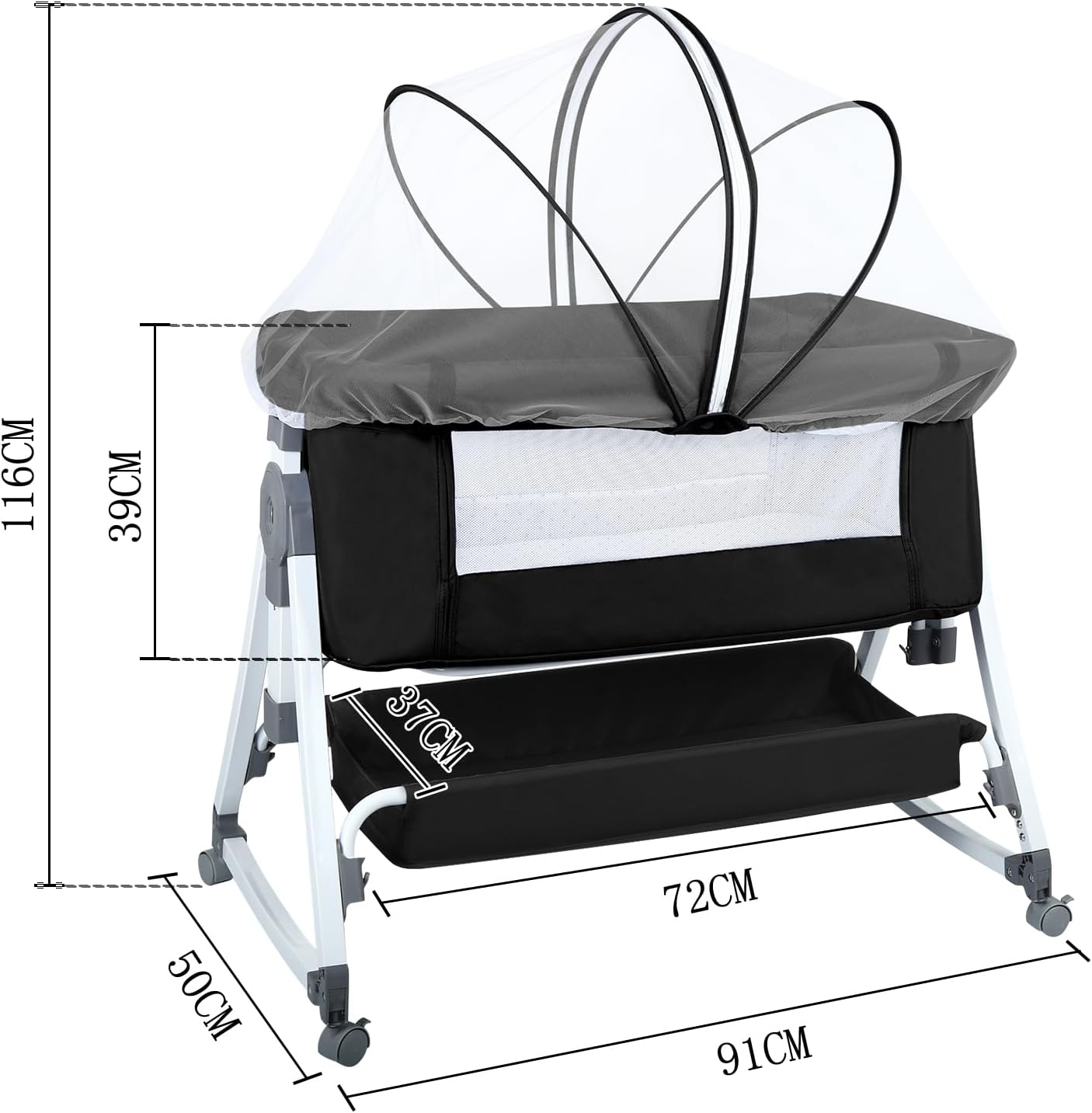 Höhenverstellbares Baby-Beistellbett mit Rollen, 80 X 40 X 100–116 Cm (6 Schwarze Steine)
