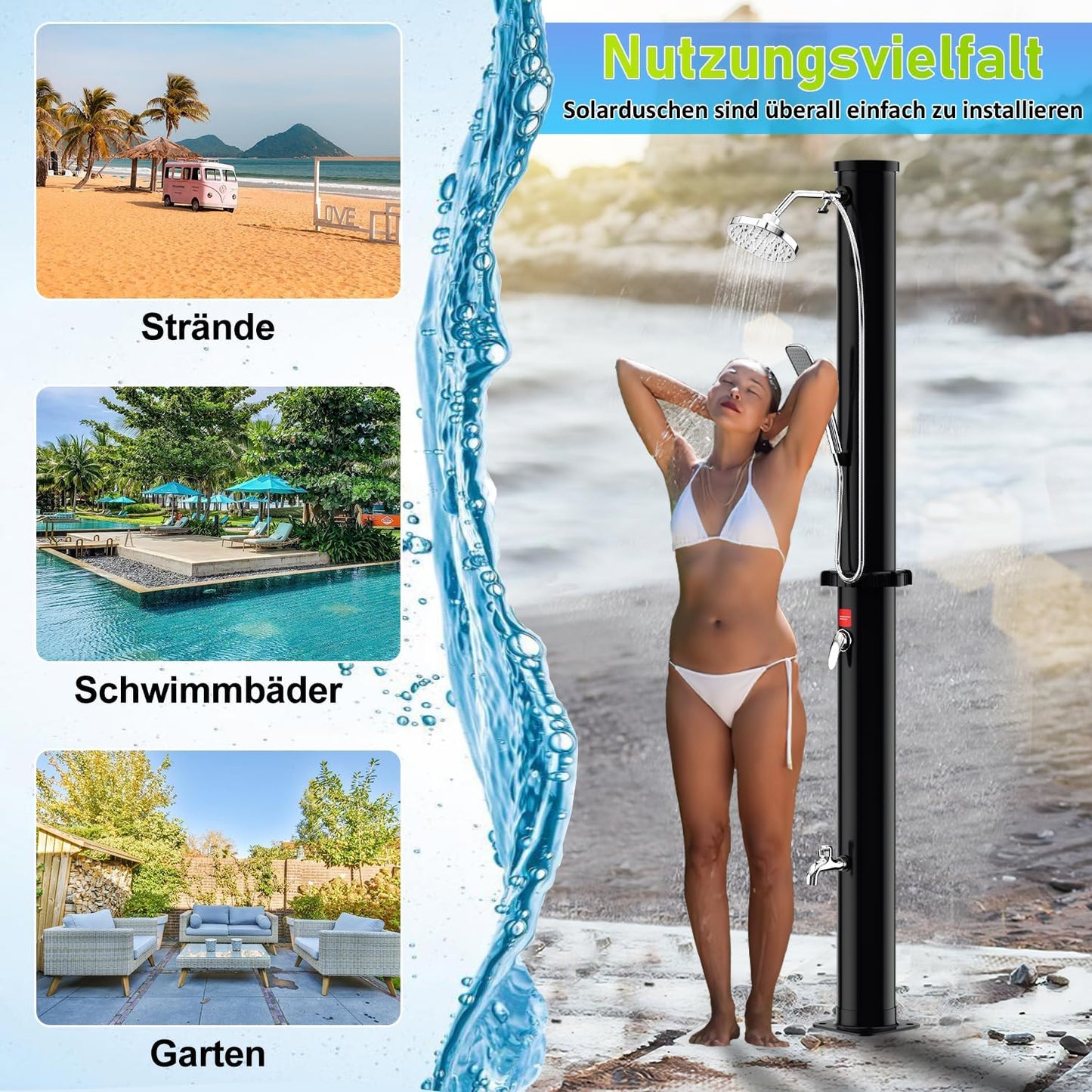 Solardusche mit Fussdusche und schwenkbarem Kopf, 20L mit Schutzhaube