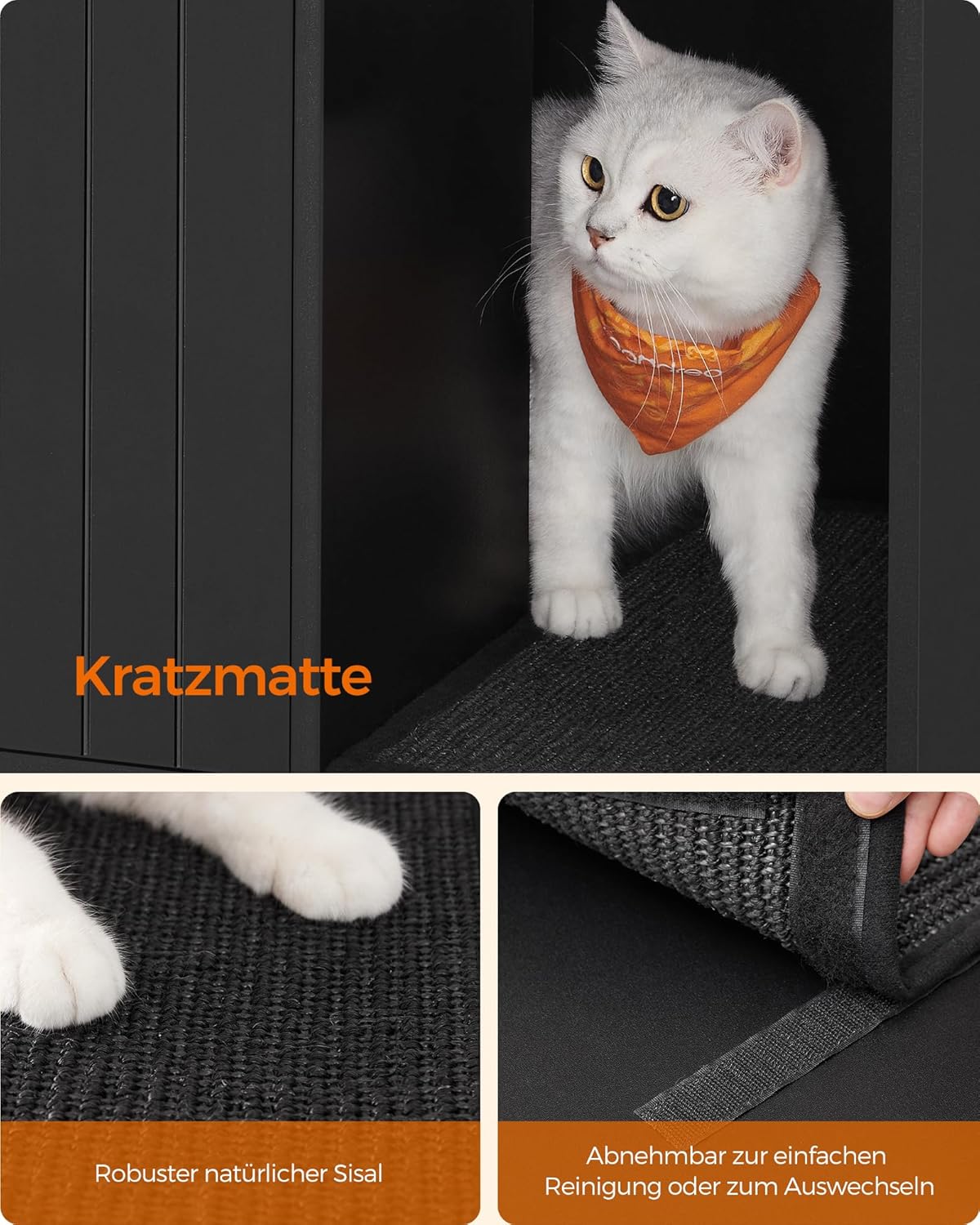 Katzenklo-Schrank PCL007B01 mit Kratzmatte und Beistelltischfunktion, 80 x 50 x 55 cm Schwarz + Goldfarben
