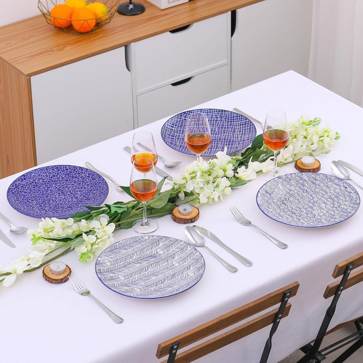 Takaki Porzellan-Flachteller-Set (4-teilig, 27 cm), 4-teilig Speiseteller Blau + Creme