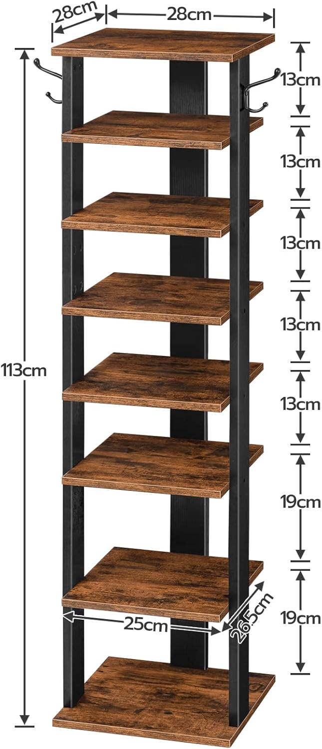 8-lagiges Schuhregal mit Haken, EBF07XJ01G1, 28 x 28 x 113 cm Dunkelbraun + Schwarz