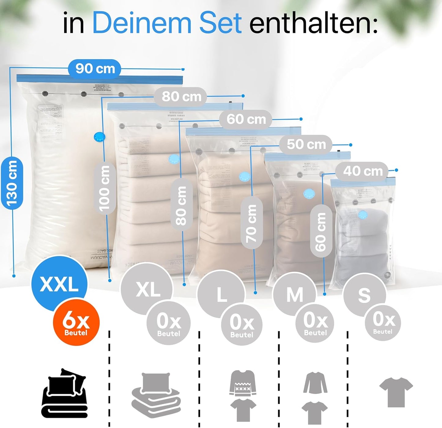 6er-Set Jumbo-Vakuumbeutel für Bettdecken, 6x Beutel - (6xXXL (90x130 cm))