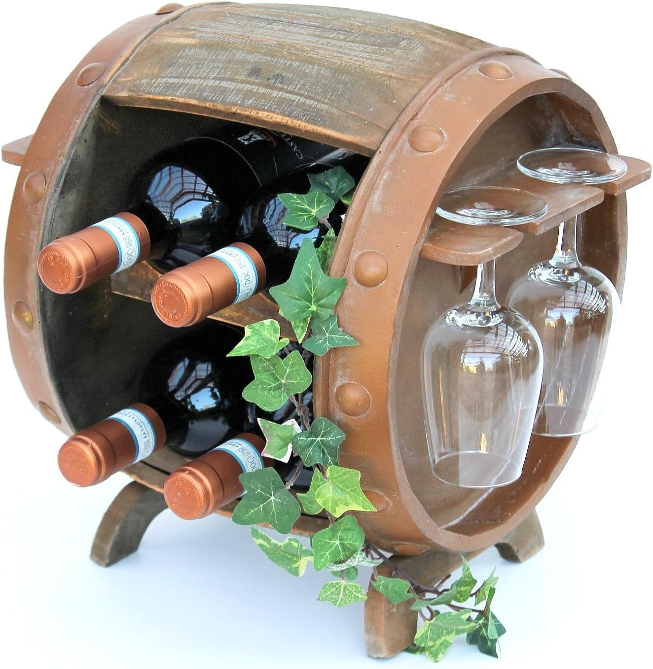 Weinfass-Flaschenregal mit Glashalter