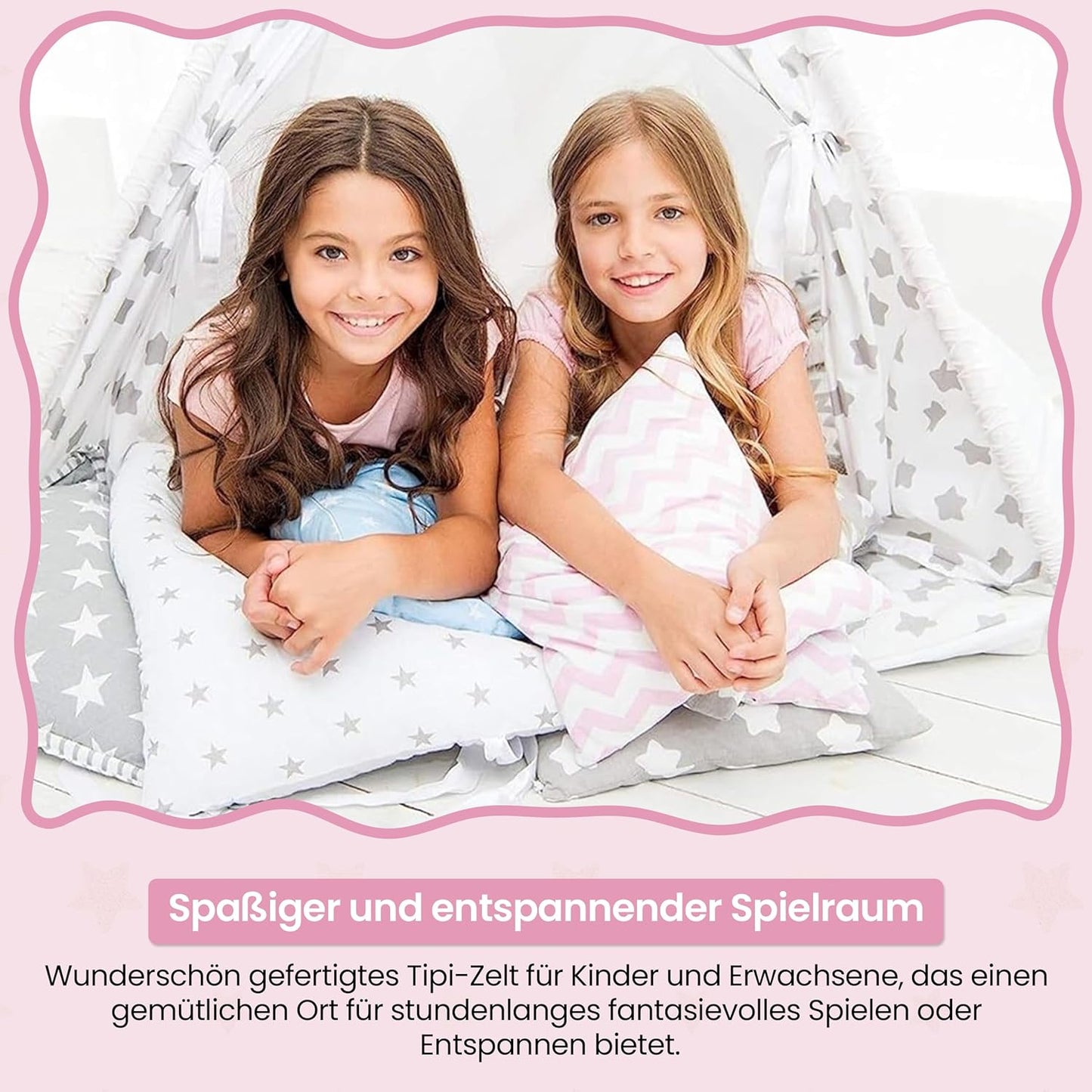 Tipi-Spielzelt für Kinder mit Kissen, Sterne Rosa