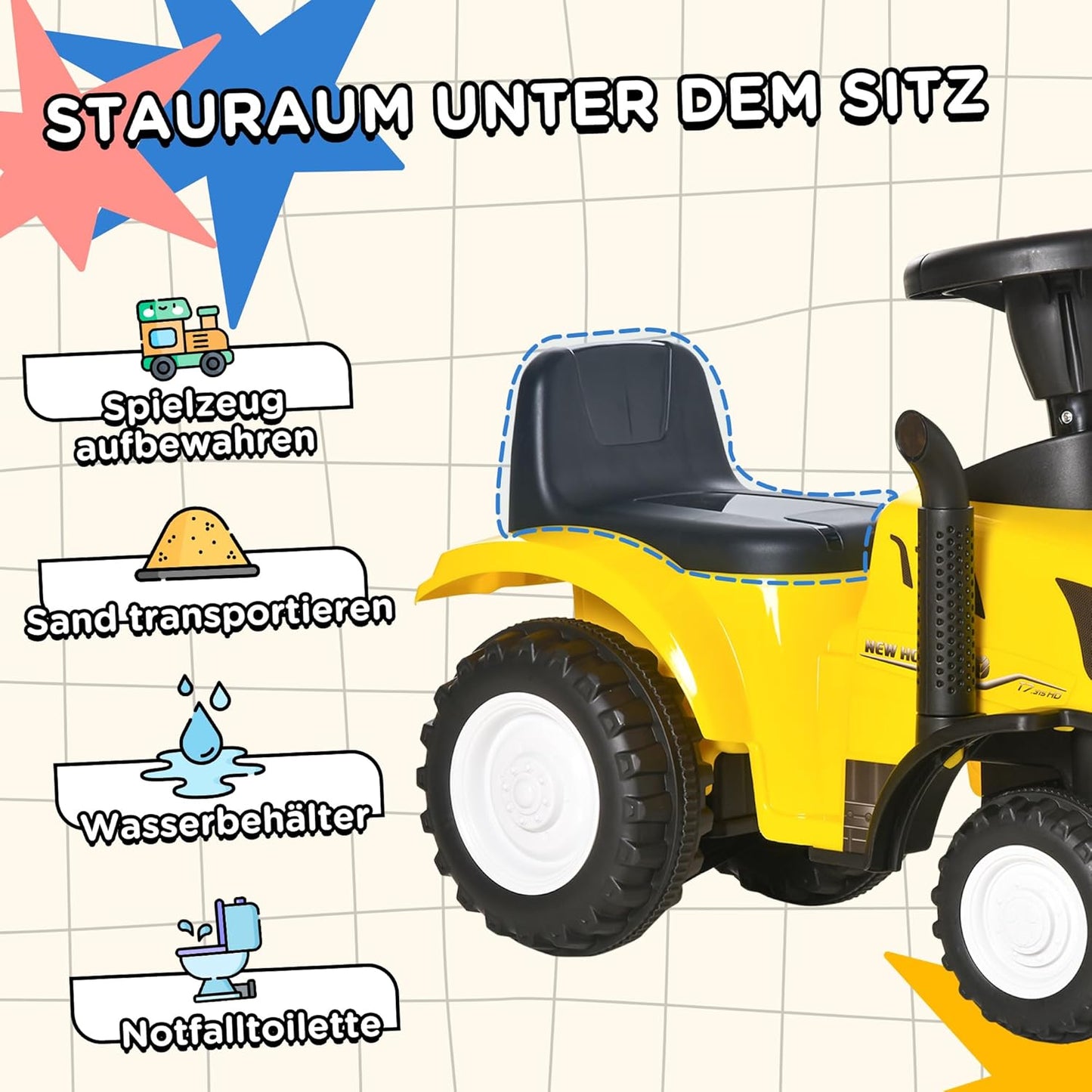 Rutschauto mit Anhänger und Zubehör, Gelb