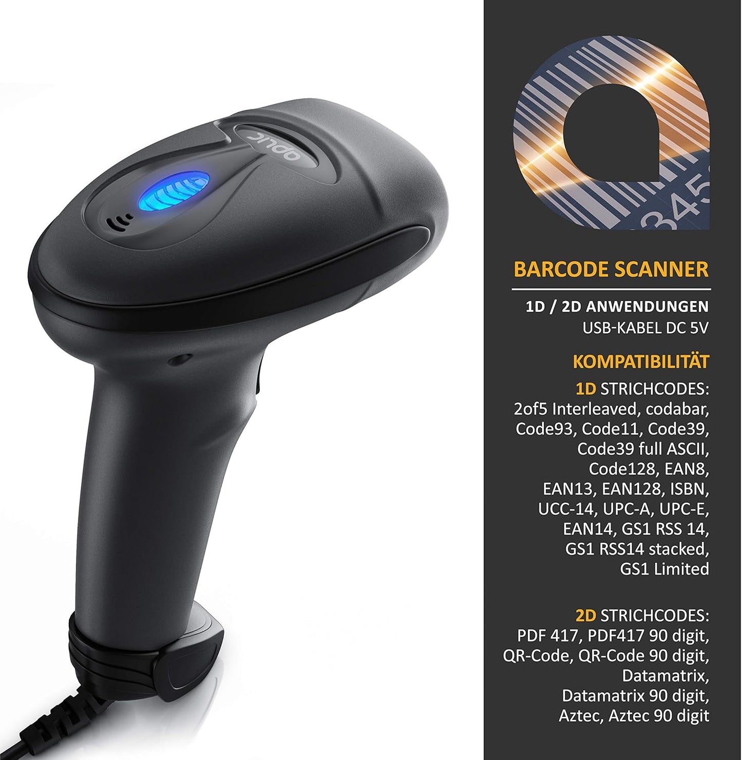 Barcode-Scanner mit Halterung für 2D und QR, A: mit Kabel