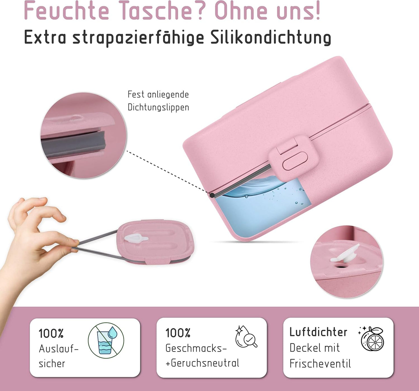 Auslaufsichere Bento Box für Kinder mit Namensticker, Pastell Rosa