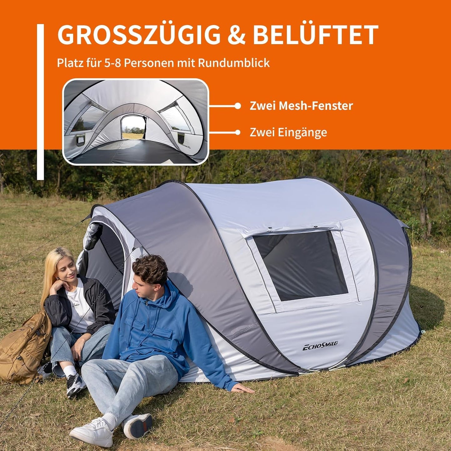 Pop-up Campingzelt für 5-8 Personen, wasserdicht, Weiss & Grau(5-8 Personen)