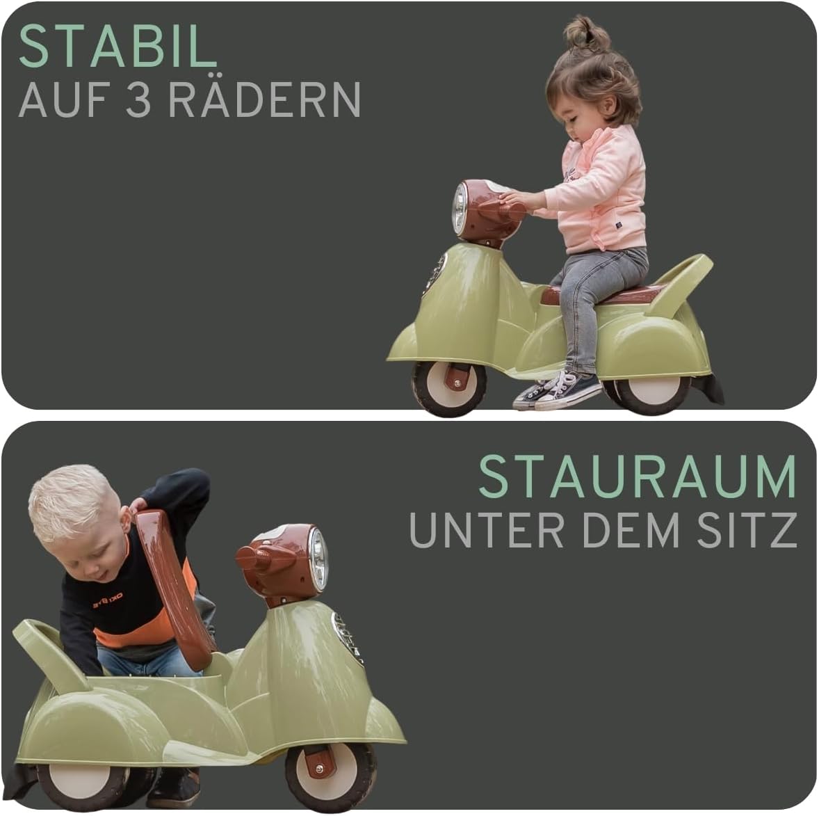 Rutschfahrzeug Retro Scooter ab 1 Jahr mit Hupe, Retro Grün