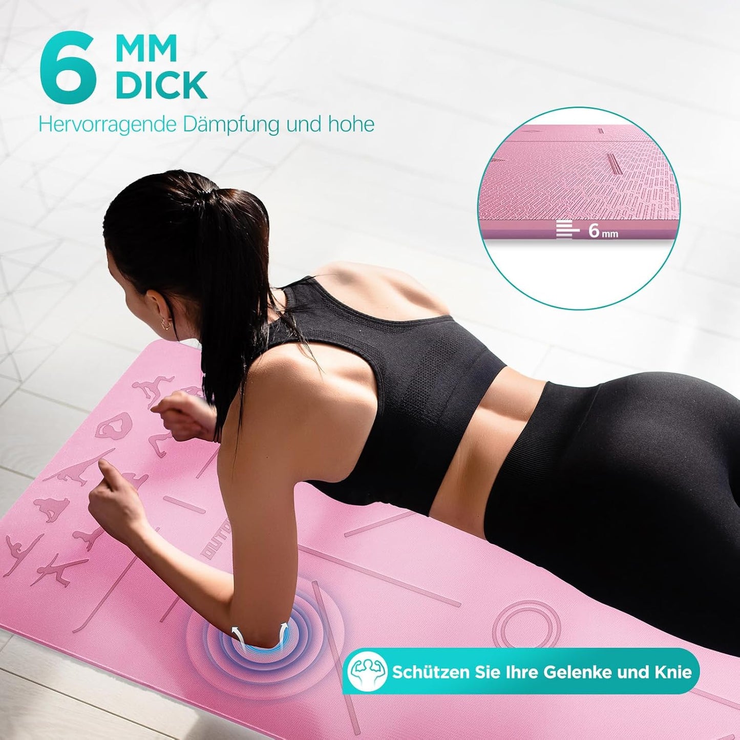 Yoga- und Pilatesmatte mit Ausrichtungslinien, Rosa und Lila / 183x61x0.6cm