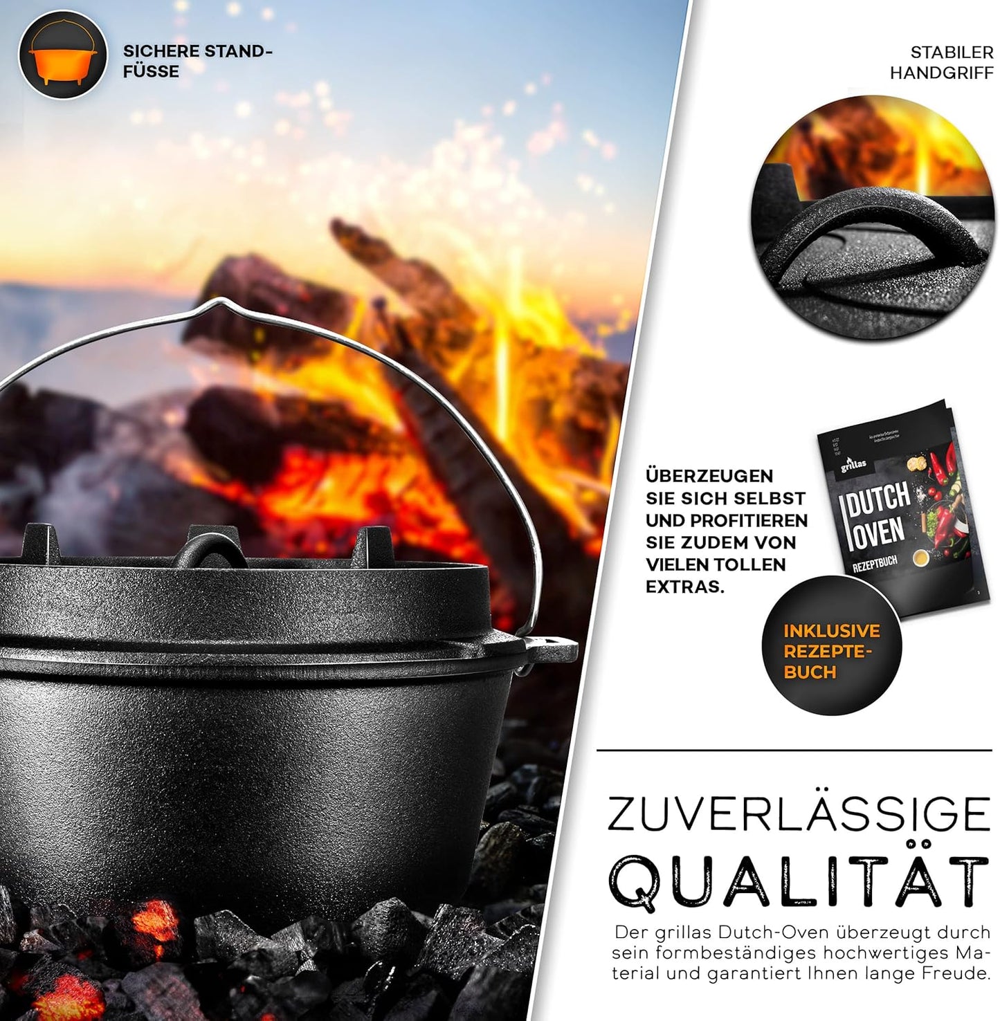 Dutch Oven Set, Topf mit Füsse, 4,2 Liter / 4,5 QT