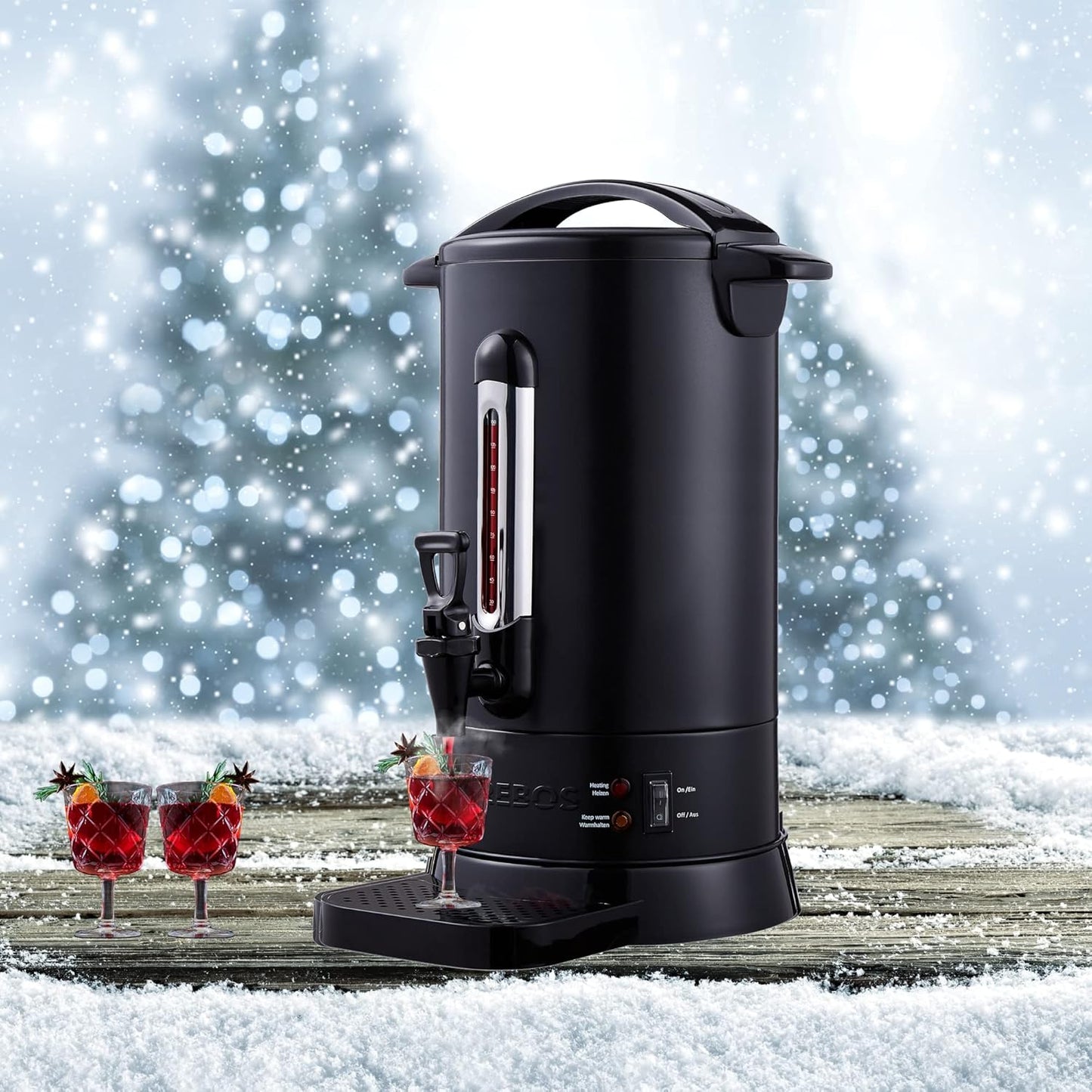 3in1 Glühweinkocher mit Thermostat, Auffangschale & Auslasshahn, Schwarz