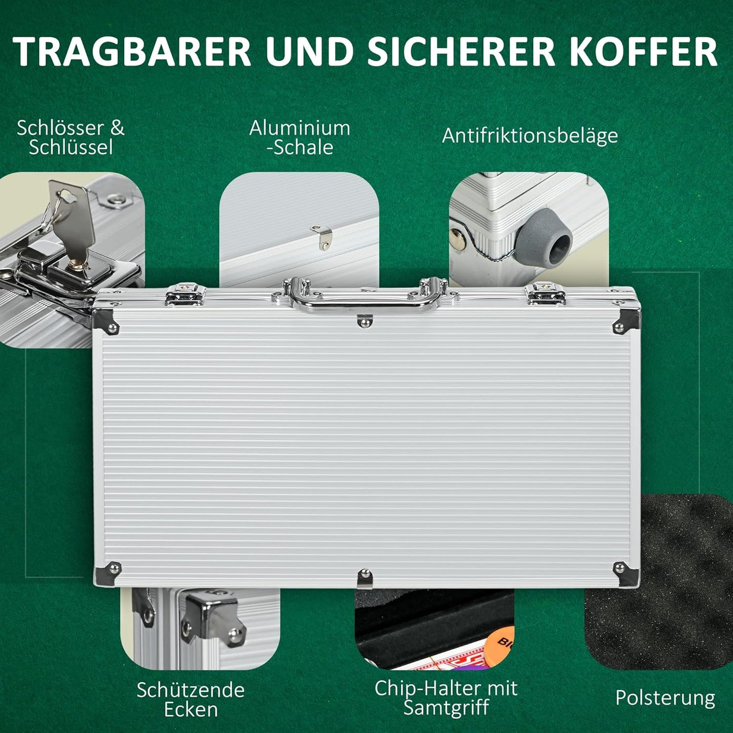 Pokerkoffer mit 300 Chips, 38,5L x 23B x 6,5H cm