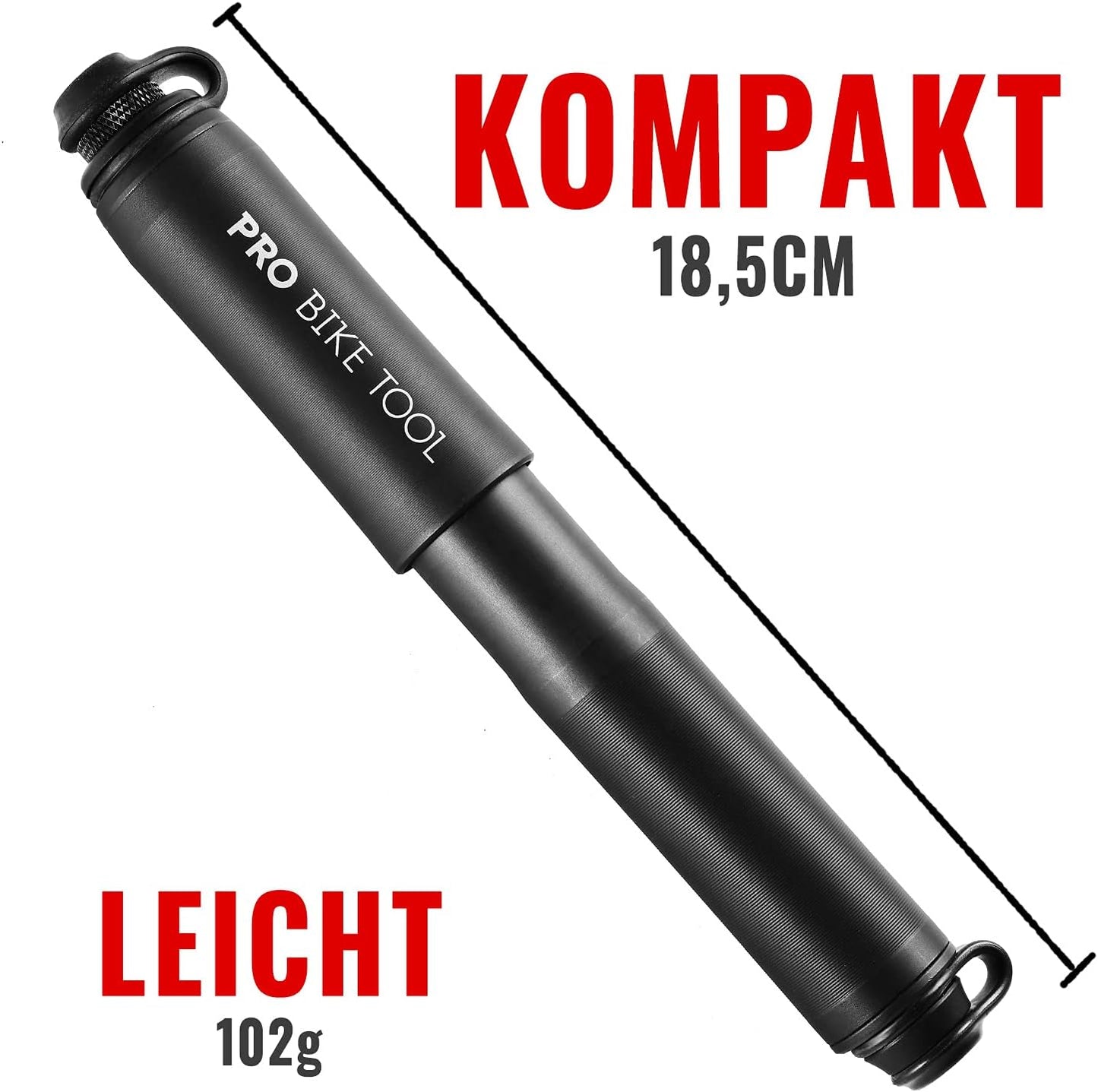 Mini-Fahrradpumpe für Presta- und Schrader-Ventile, Matt Schwarz