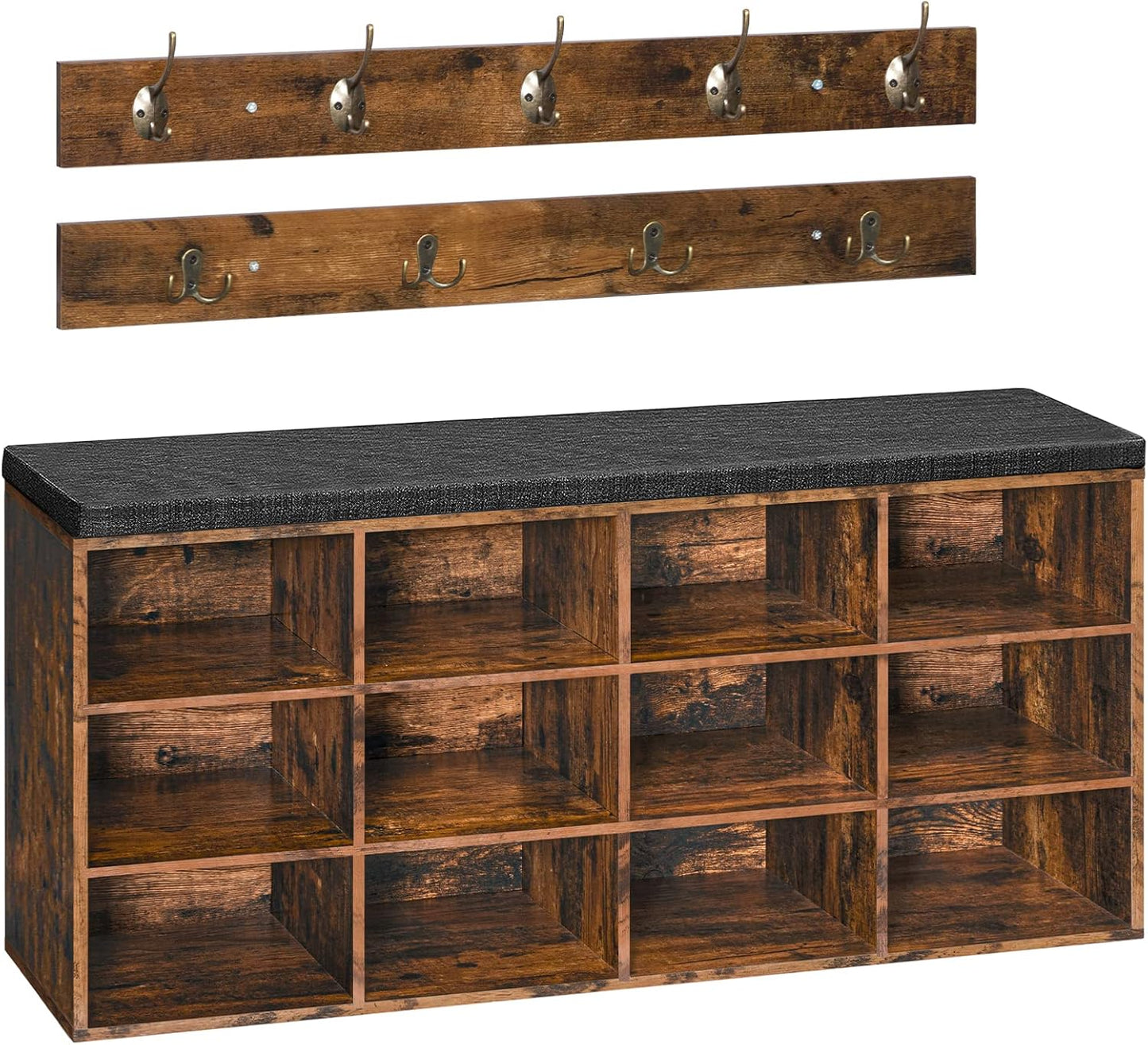 Garderobe und Schuhregal-Set mit Sitzbank und Haken, Vintagebraun + Braun 100 cm x 30 cm x 48 cm