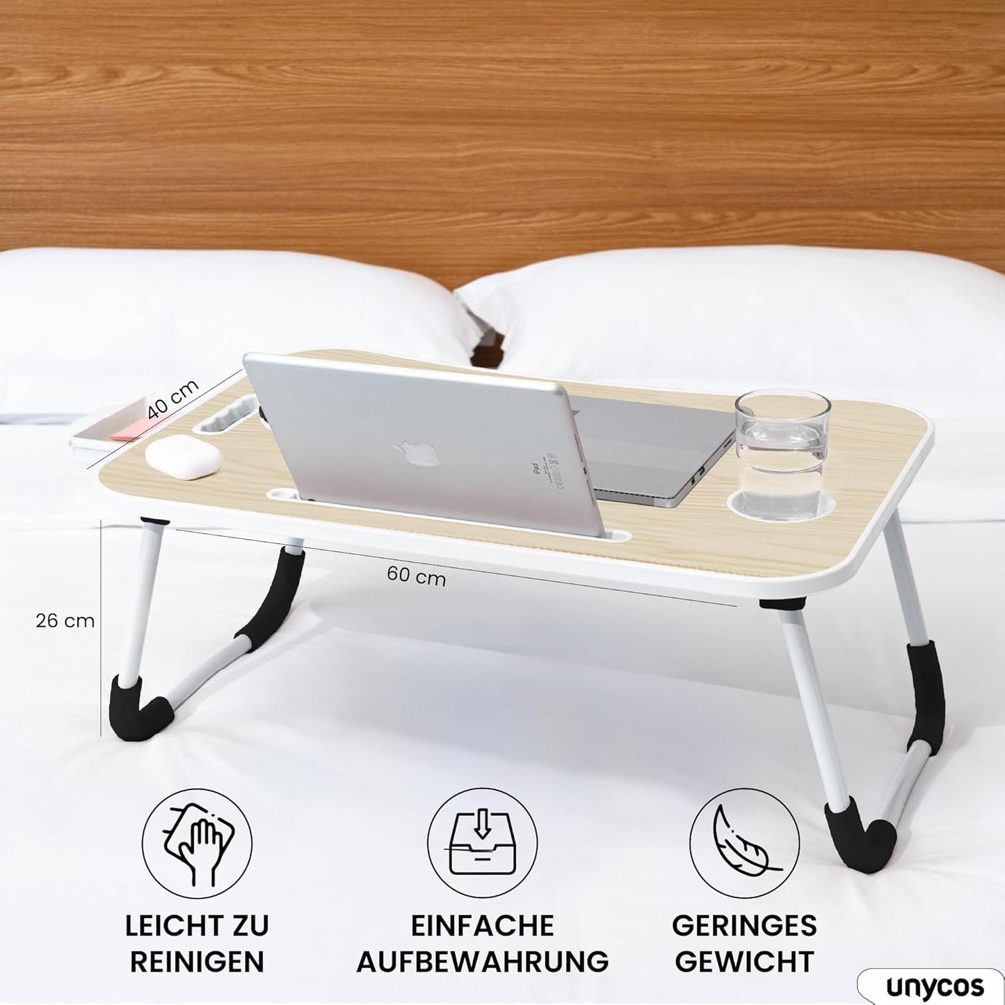 Klappbares Betttablett mit Griff, Schublade und Getränkehalter, Mit schublade Holz mit Schublade