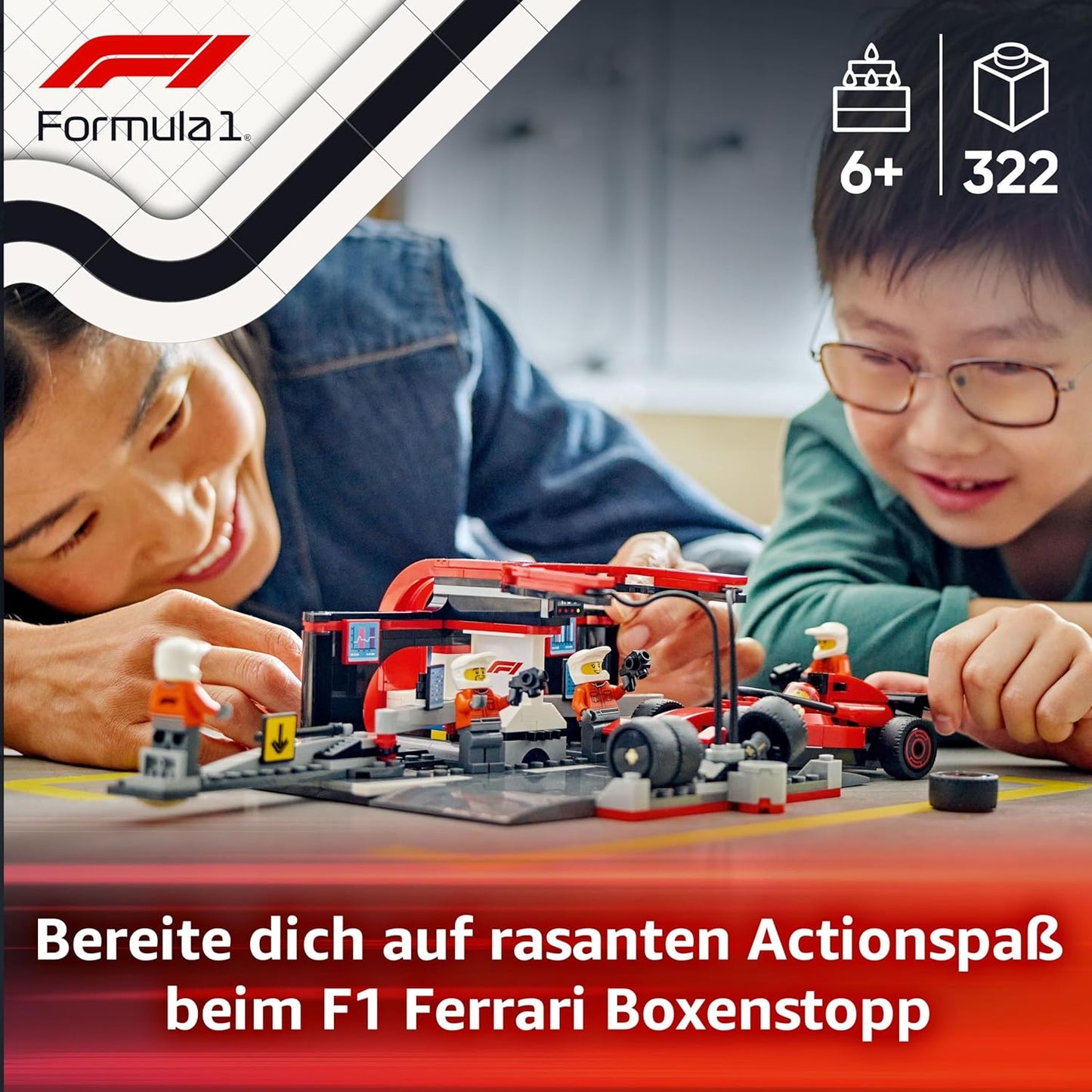 F1 Boxenstopp mit Boxencrew und Ferrari Flitzer