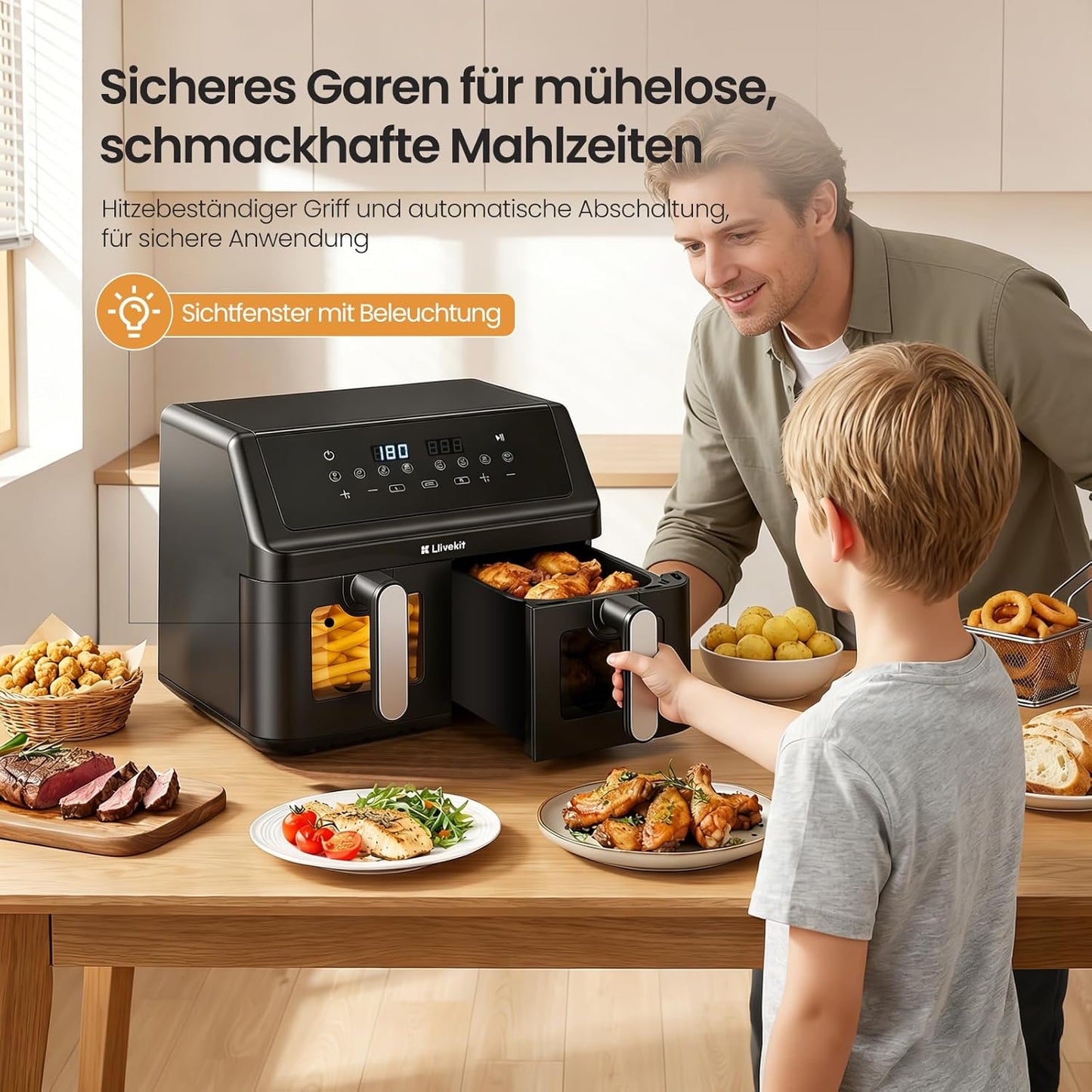 Doppelkammer Heissluftfritteuse, Schwarz 9L