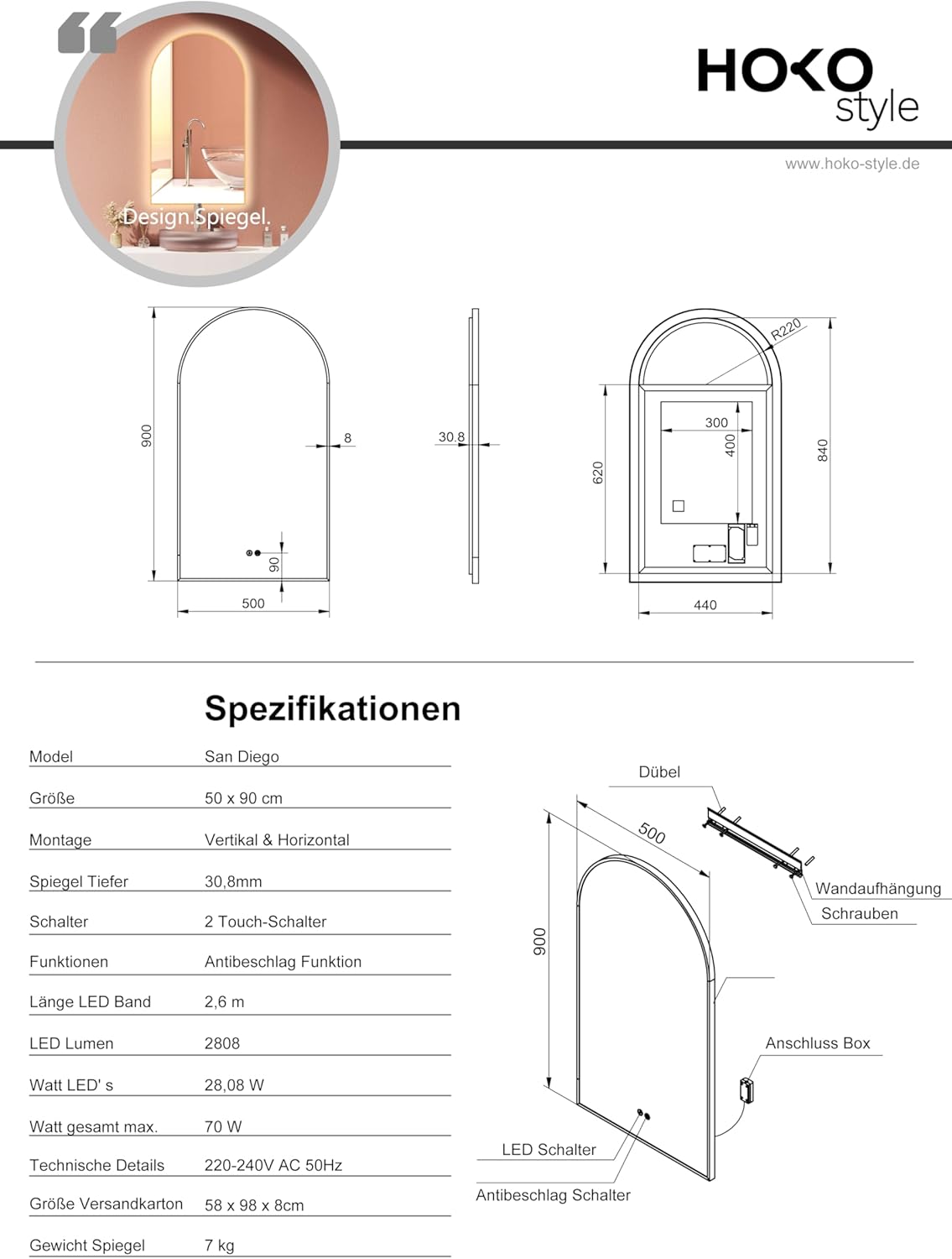 LED Badspiegel mit Antibeschlag und Touch-Schalter, Gold-arch Antibeschlag|50L x 90B cm