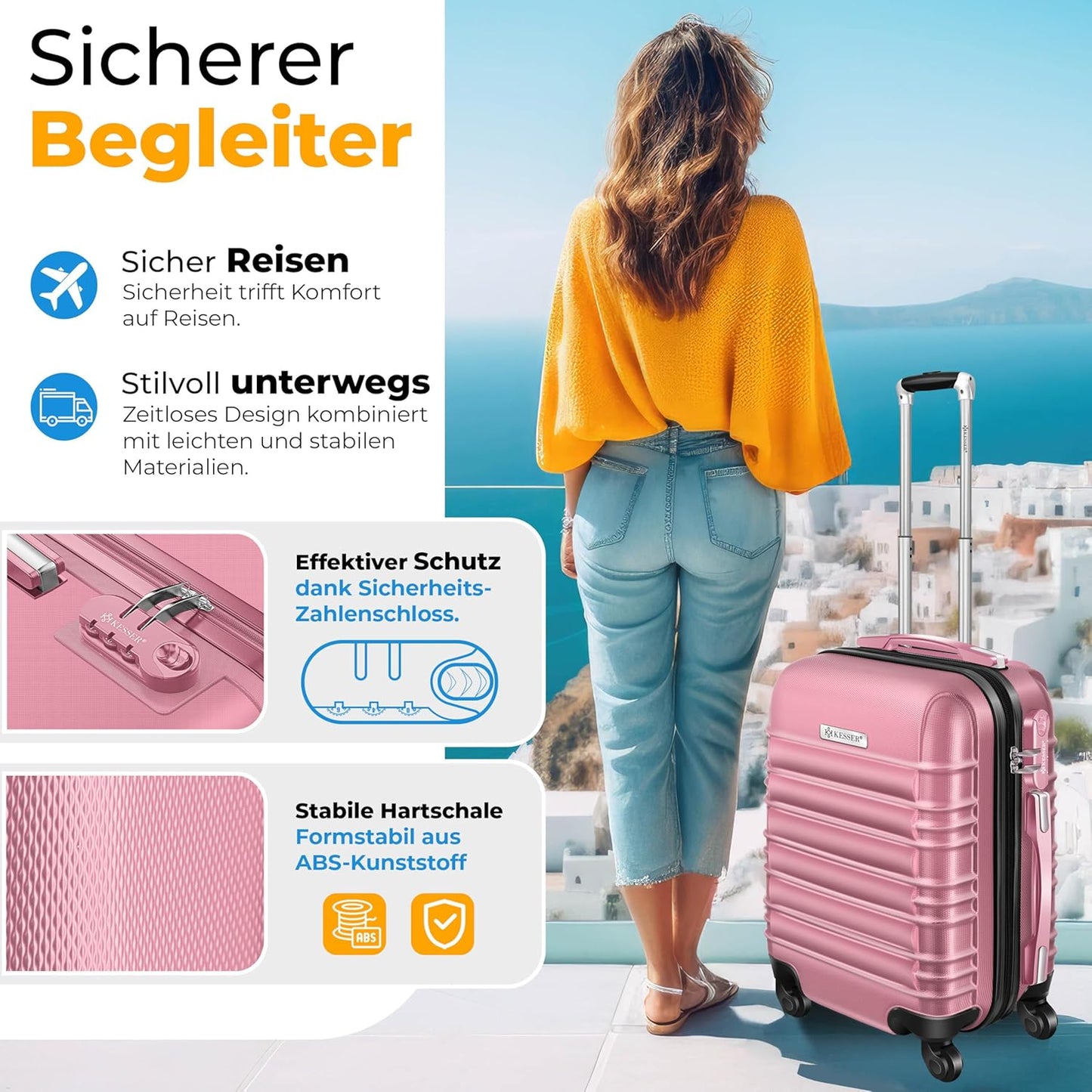3-teiliges Hartschalenkofferset mit Schloss, Kofferwaage und Anhänger, Rosa