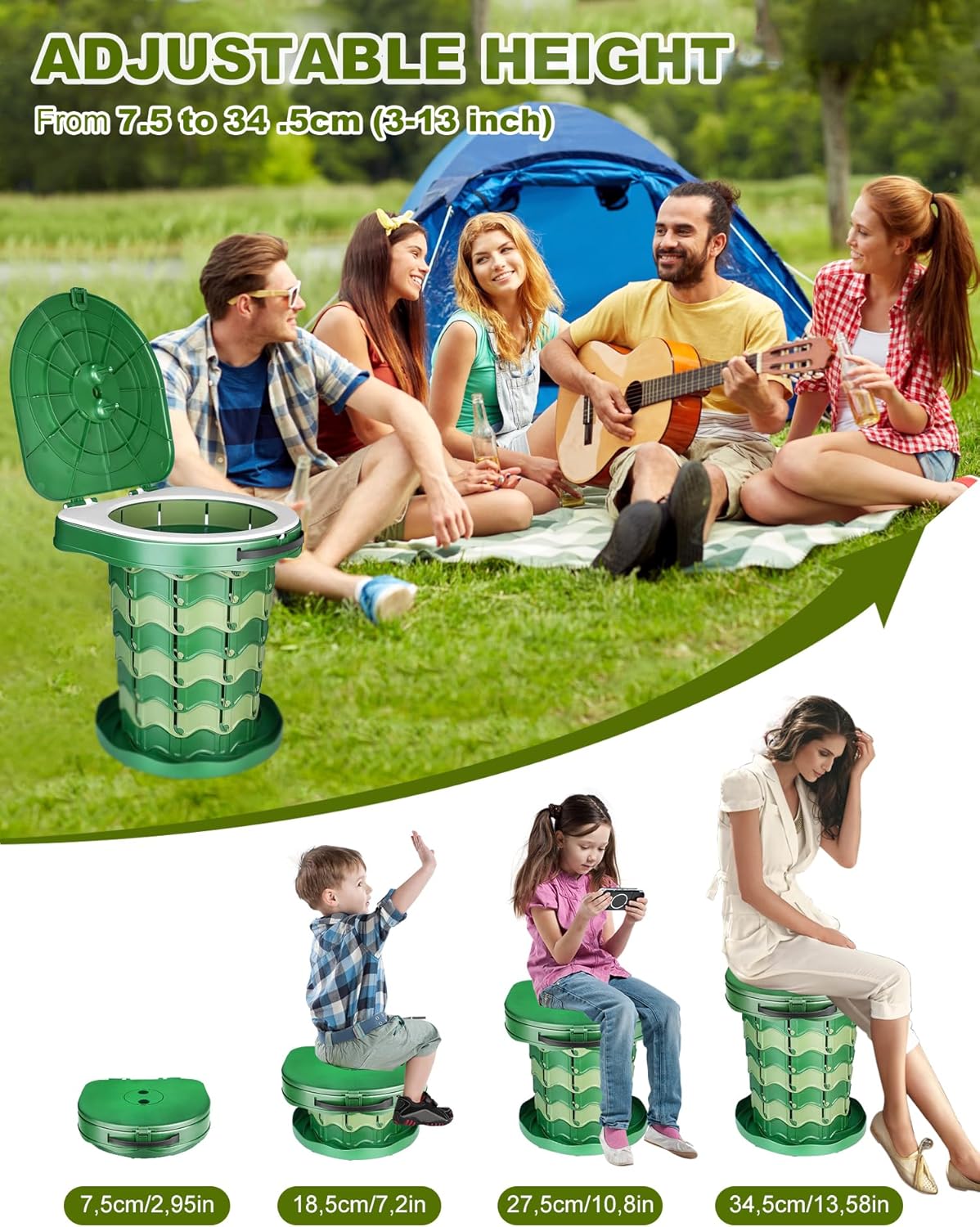 Faltbare Campingtoilette mit Beuteln, Armeegrün