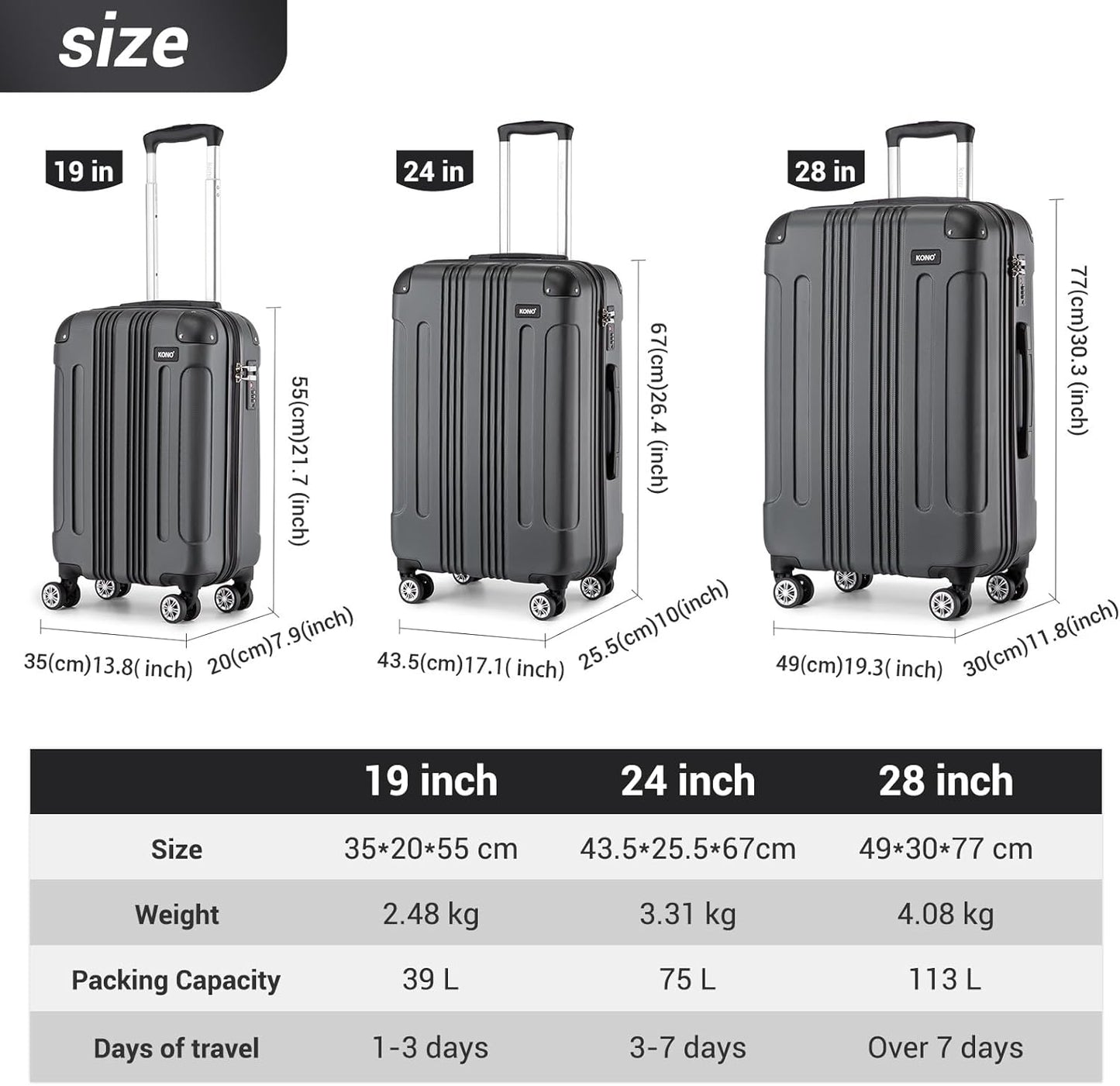 3-teiliges Hartschalen Trolley-Kofferset, 3 Teilig Kofferset Grau
