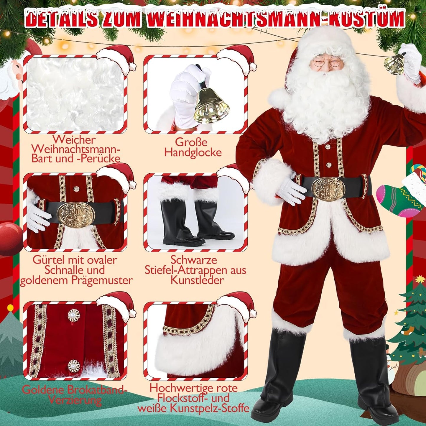 11-teiliges Weihnachtsmann-Kostüm-Set, L