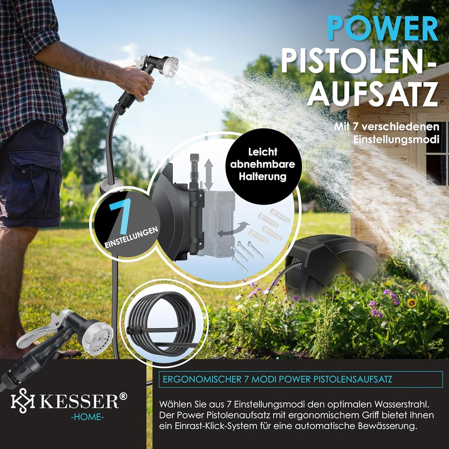 Schlauchtrommel mit 30m Gartenschlauch & Handbrause, 30m Anthrazit / Schwarz