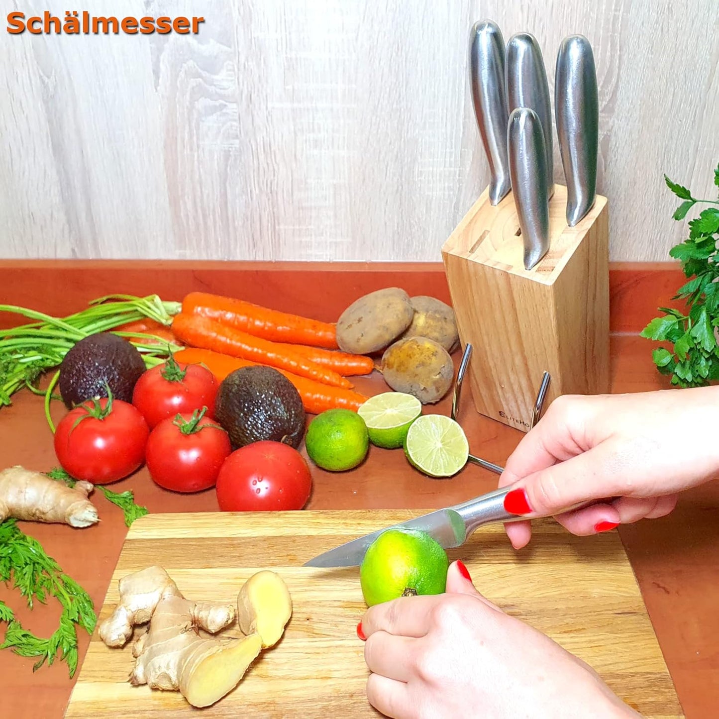 Küchenmesser Set, Edelstahl und Holz