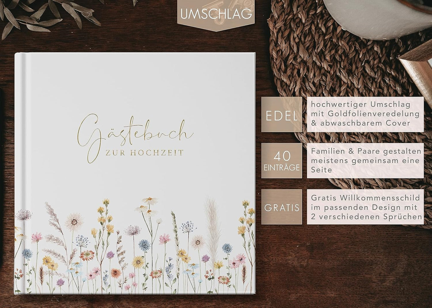 Hochzeit-Gästebuch mit Fragen zum Ausfüllen, mit Fragen Wildflowers/Gold