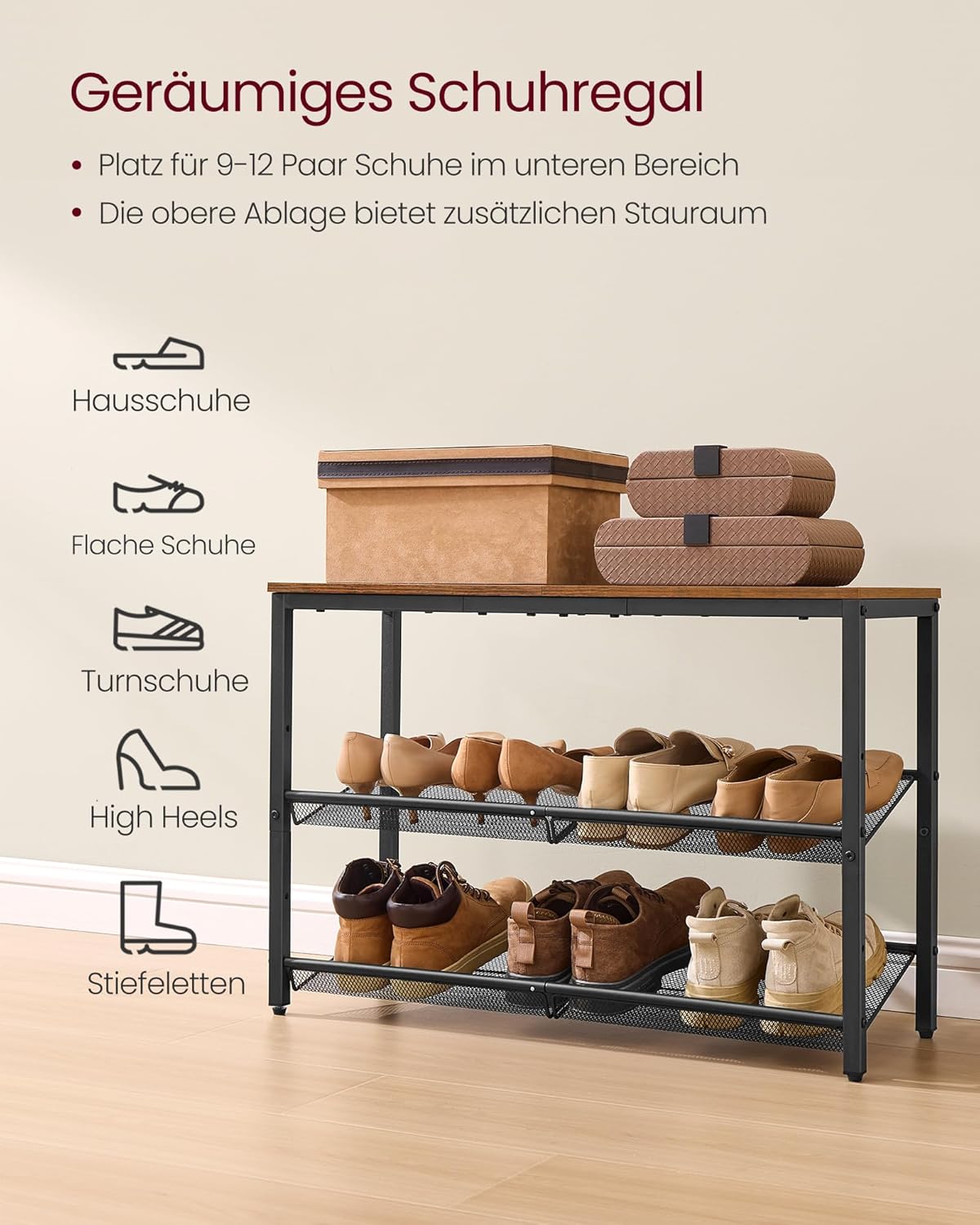 Schuhregal LBS043KD01, Vintagebraun + Tintenschwarz 3 Ebenen (28T x 75B cm)