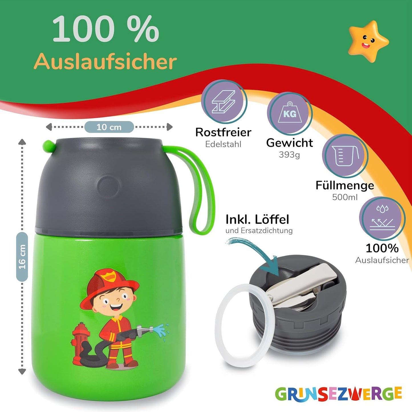 Thermobecher für Speisen und Getränke, 500ml, Felix Feuerwehrmann (Grün)