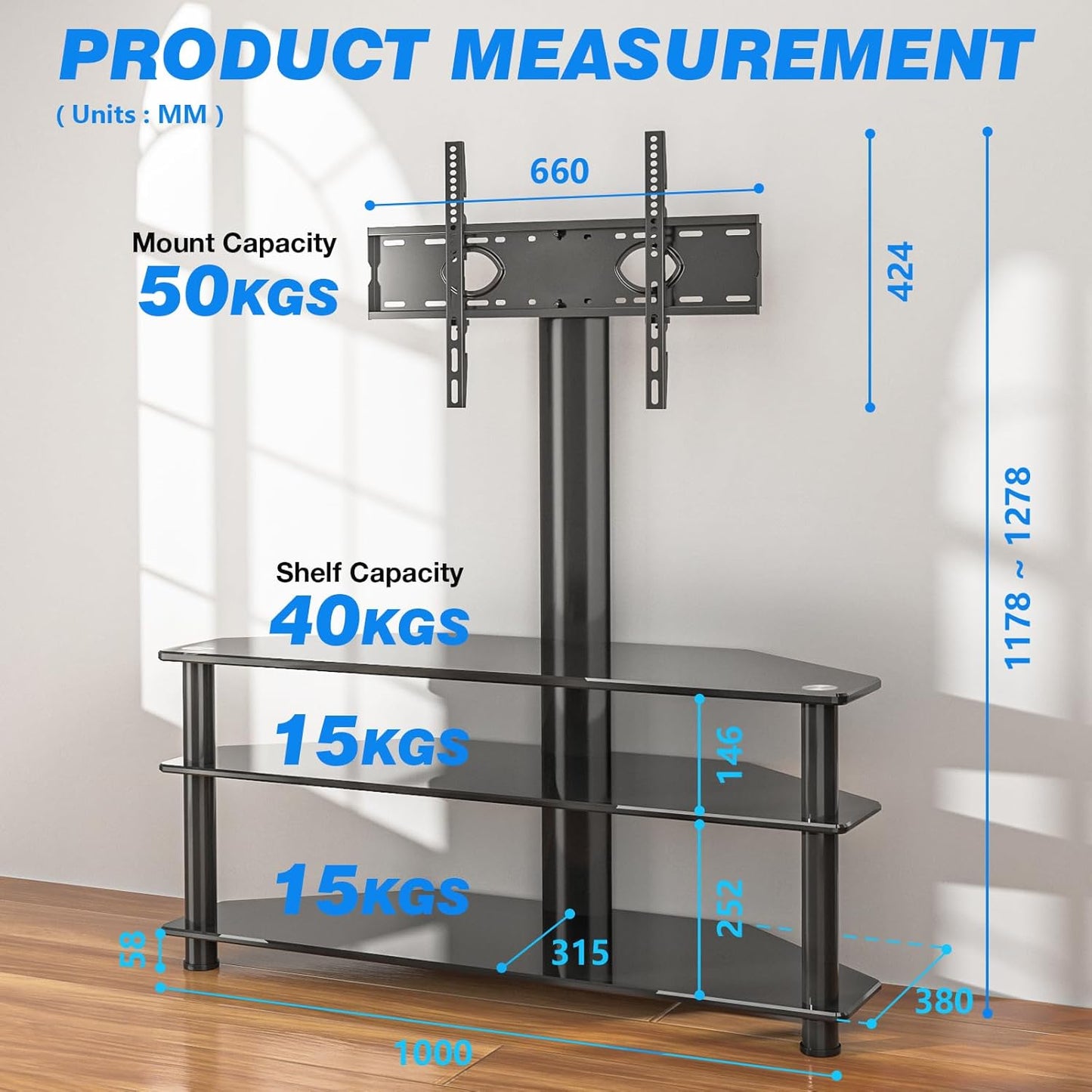 TV Rack mit Glasregalen für 32-70 Zoll Fernseher