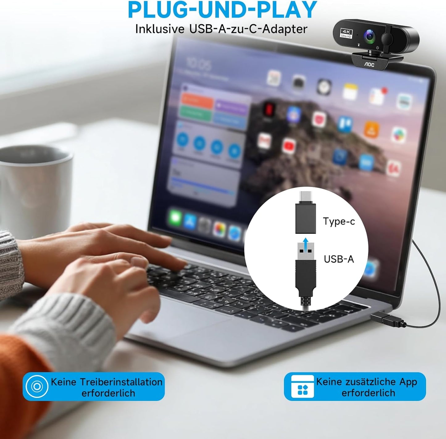 AC310 Webcam 4K Ultra HD mit Autofokus & Mikrofon, Schwarz