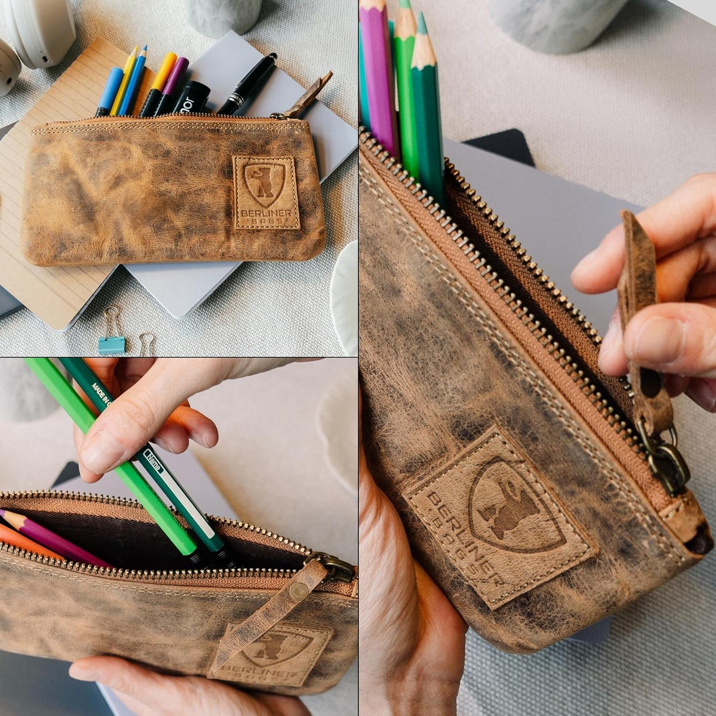 Vintage Lederetui mit YKK-Reissverschluss, Walnut