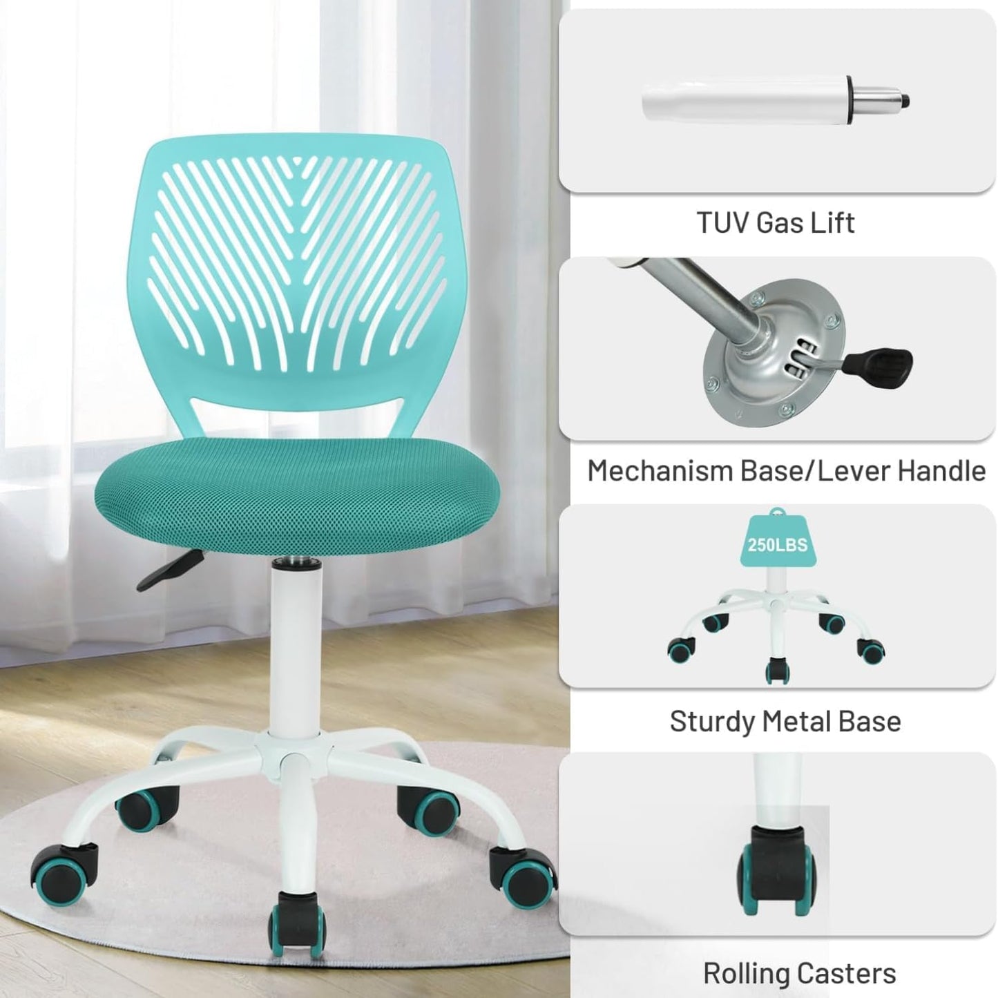 Verstellbarer Kinderdrehstuhl mit Rückenlehne, Turquoise