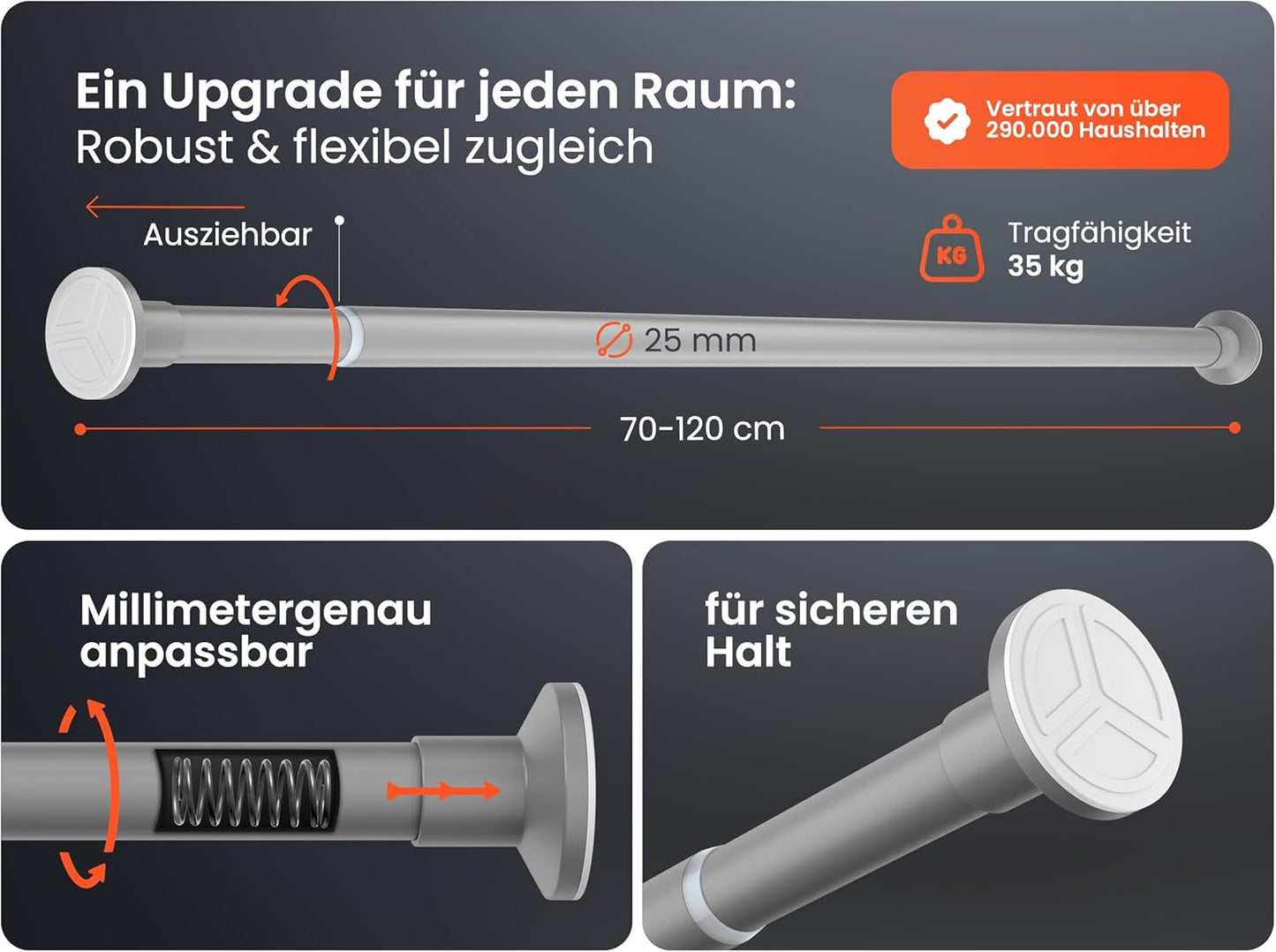 Teleskopstange für Vorhänge und Duschen, 70-120 cm, 70-120 cm Grau
