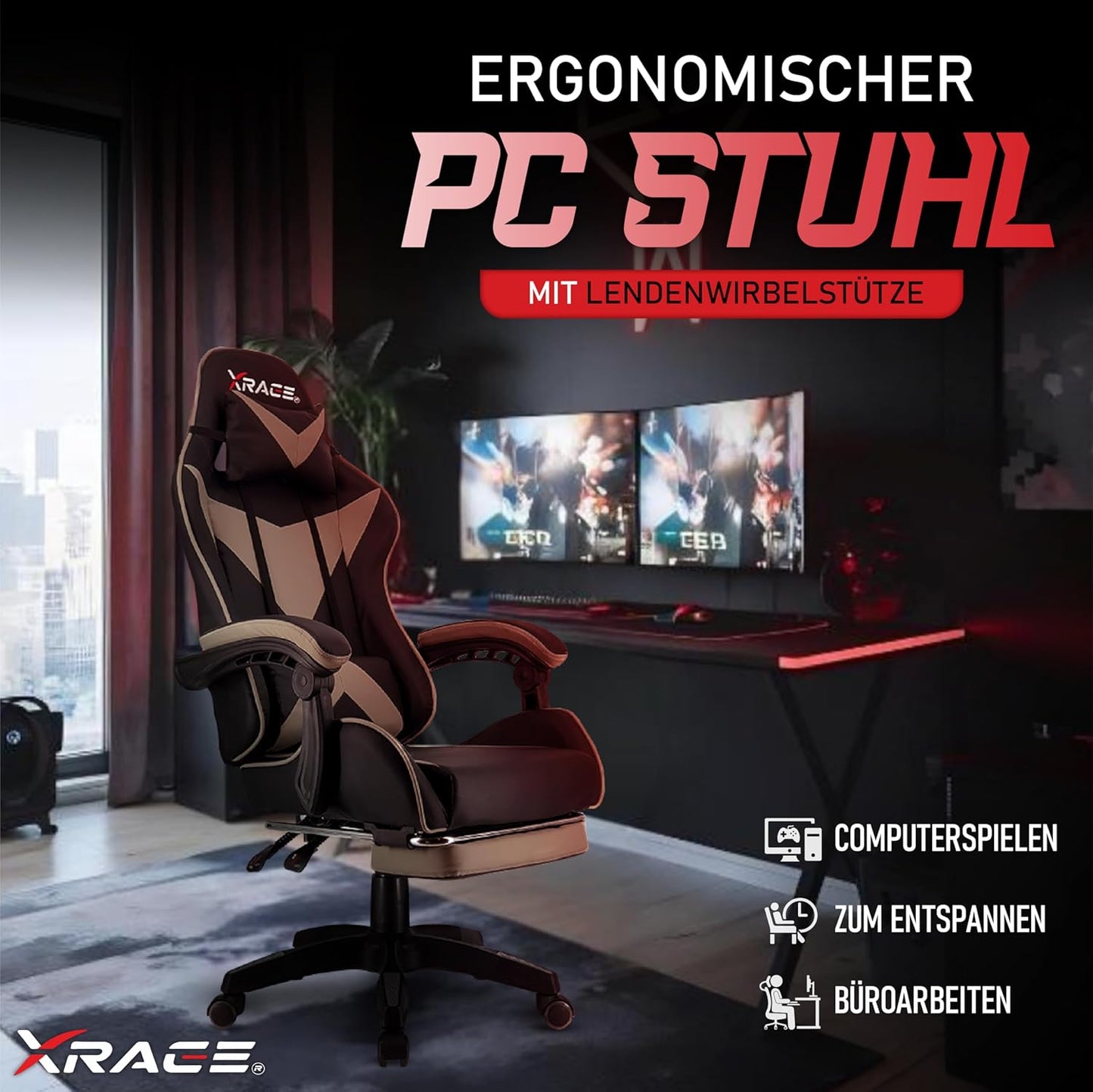 Ergonomischer Gaming-Stuhl mit Lendenwirbelstütze und Fussstütze, Grau