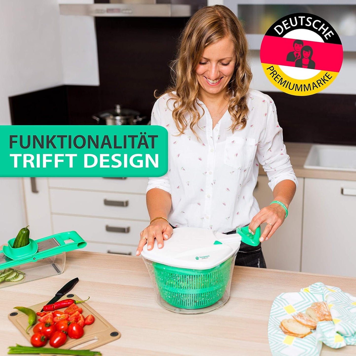 Salatschleuder mit Zugmechanismus, Weiss