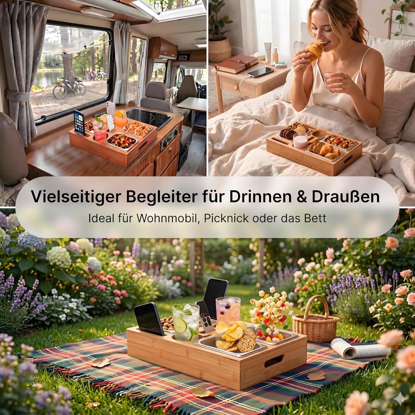 Snackbox-Sofa-Tablett mit Wein- und Snackhaltern, Bambus 40 x 26 x 8 cm mit 3 Edelstahl-Schalen