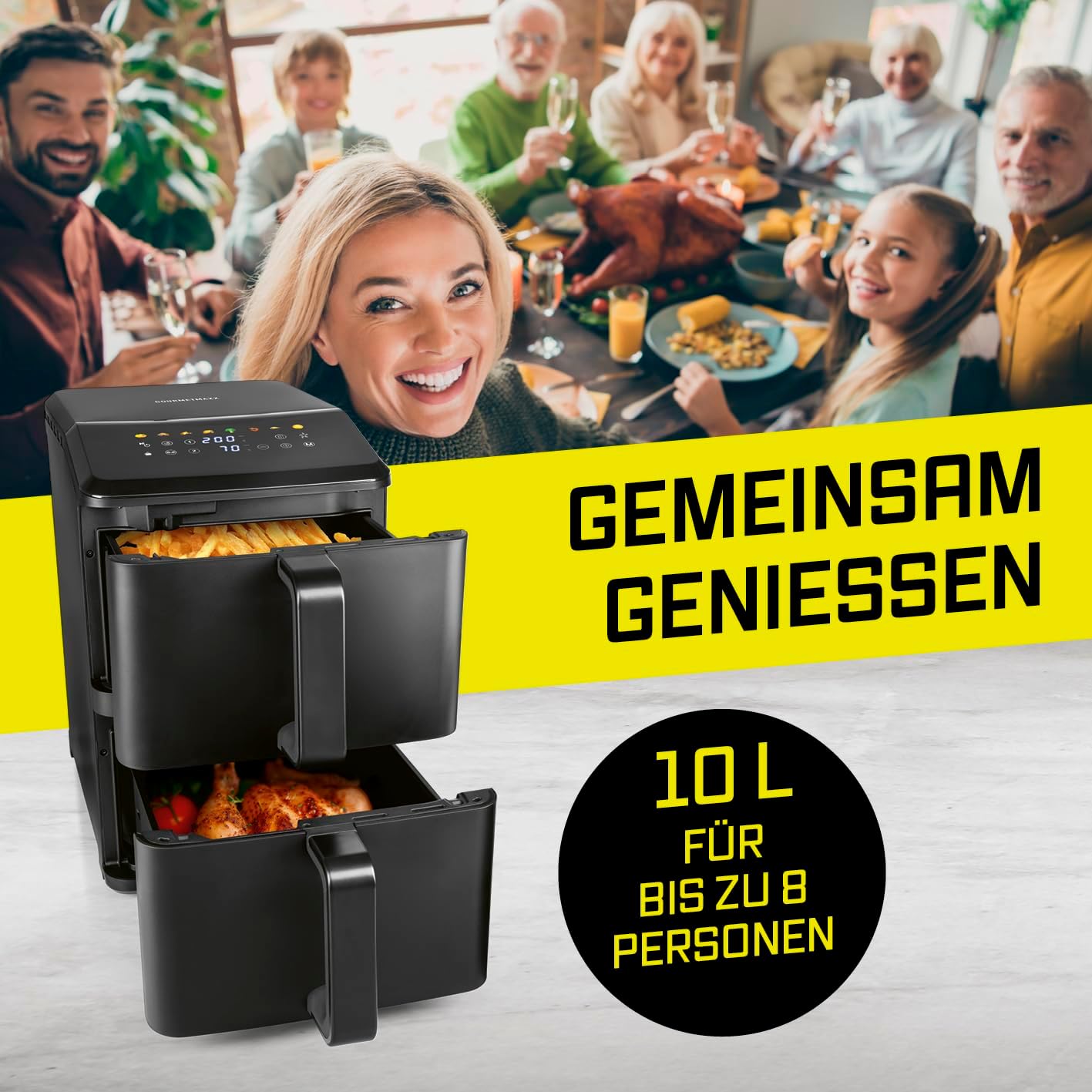 Doppelkammer-Heissluftfritteuse mit LED-Touchdisplay, 10 Liter (2x 5L)