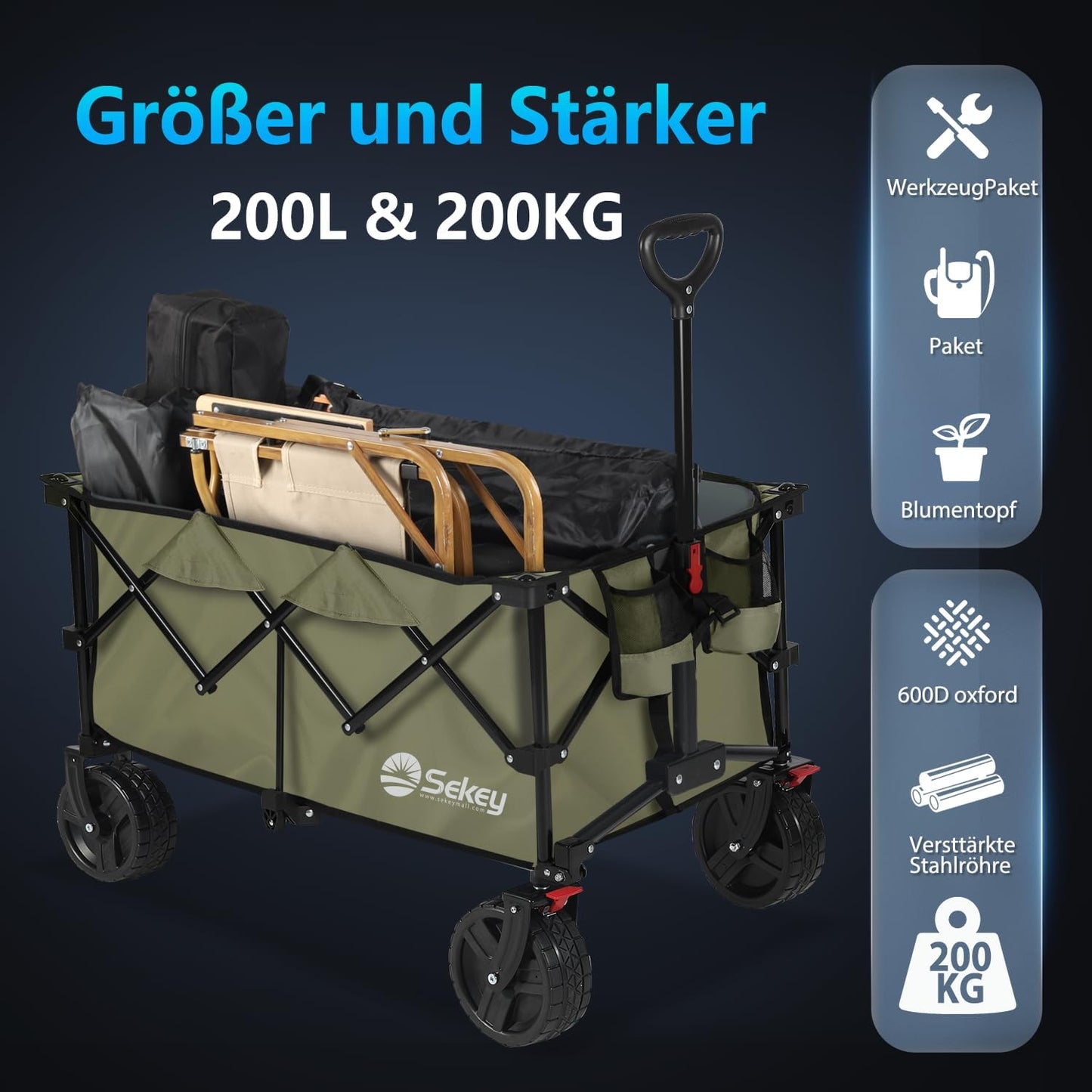 XXL Plus Bollerwagen mit Bremsen, Olivgrün 8cm Räder