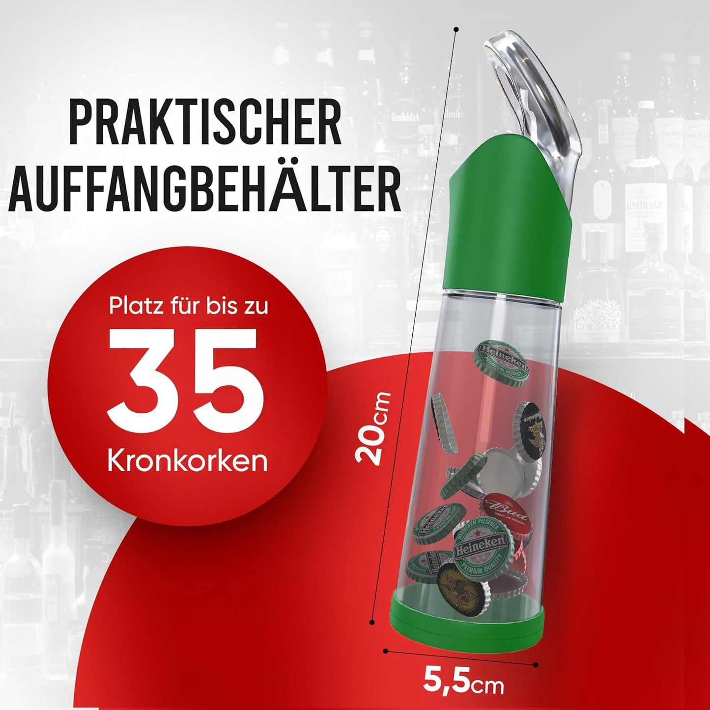 Flaschenöffner mit Auffangbehälter für Kronkorken, Grün