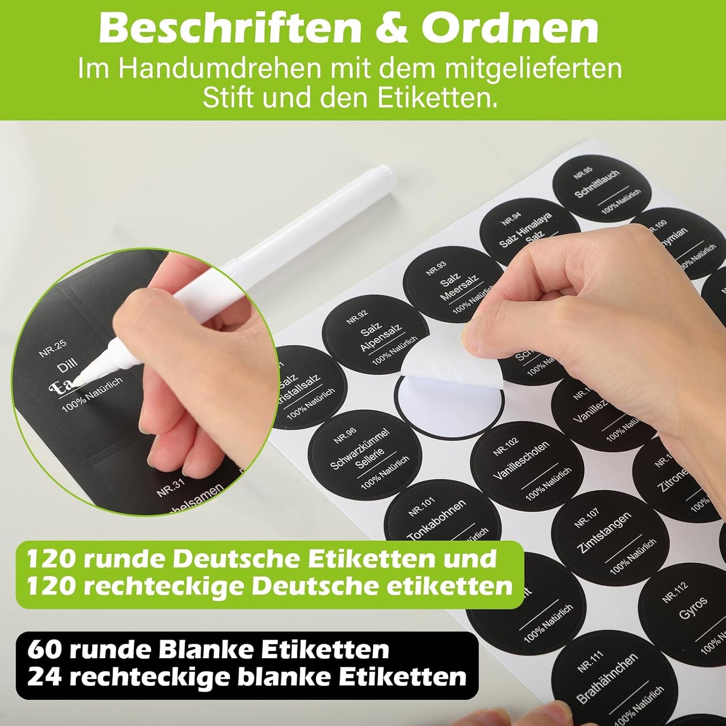 Gewürzgläser-Set mit Streueinsatz und Etiketten