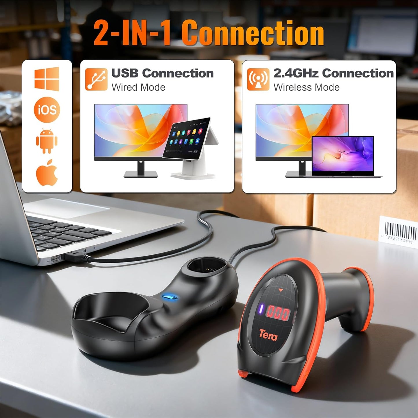 2D/1D Barcode-Scanner mit Ladestation und USB-Kabel, Mandarinfarben