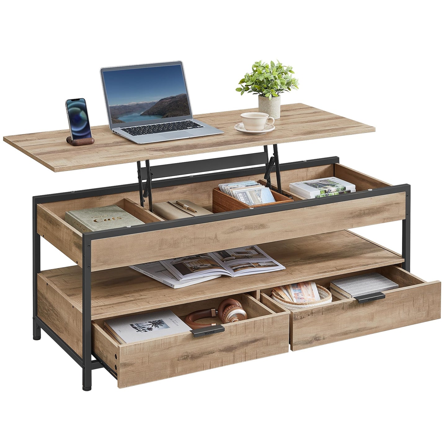 Höhenverstellbarer Couchtisch mit Schubladen und Fach, 50 cm x 120 cm Kamelbraun + Tintenschwarz