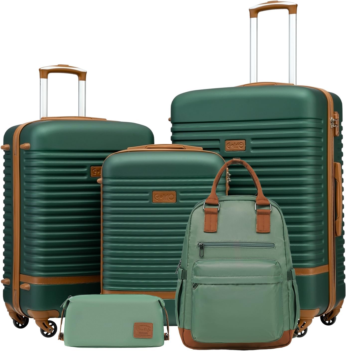 5-teiliges Hartschalenkoffer-Set mit Reiserucksack & Kulturbeutel, Koffer-Set 5tlg Dunkelgrün/Braun