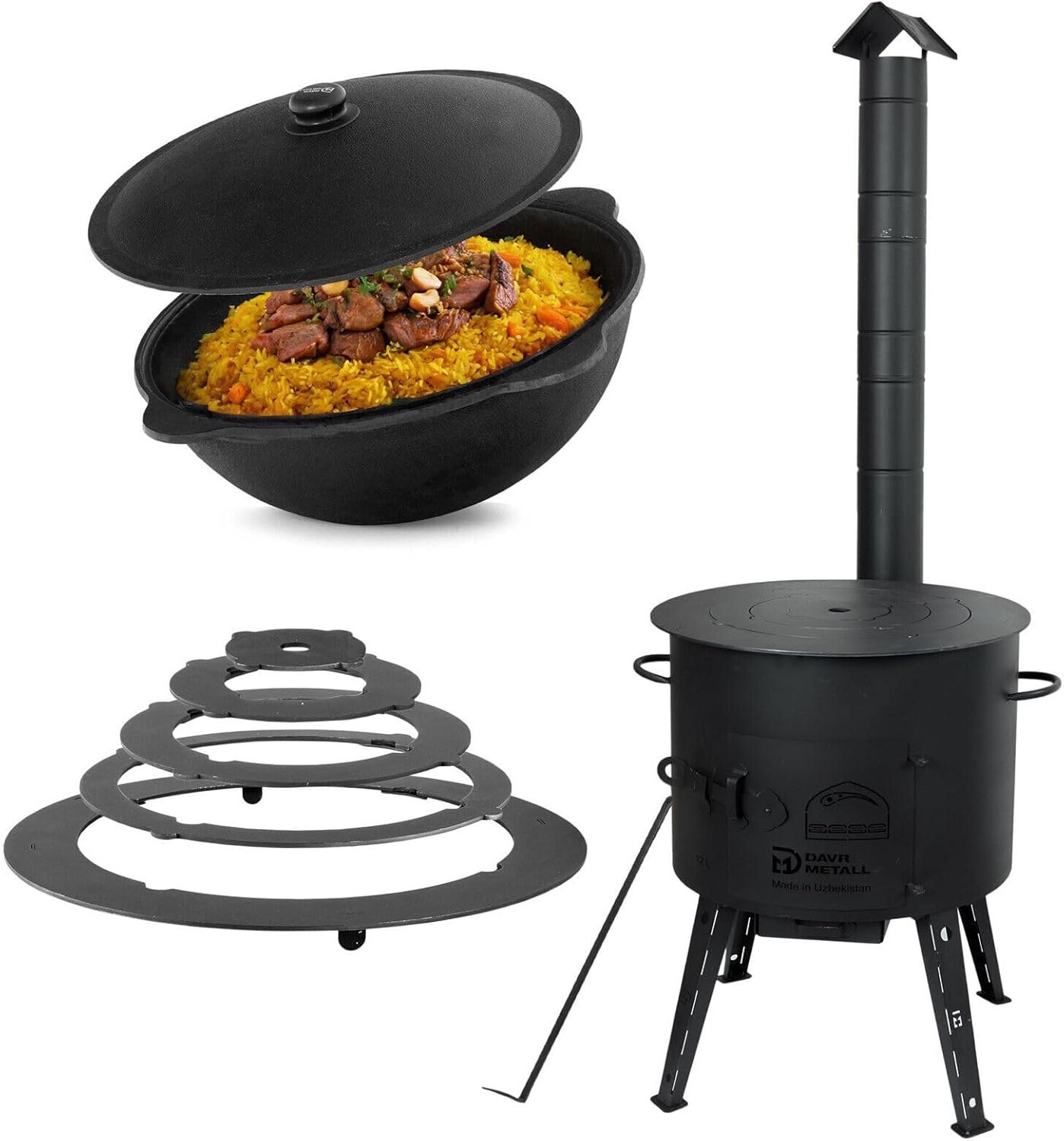 Utschak Campingofen mit Kazan, Adapter-Ringe mit WOK 22L